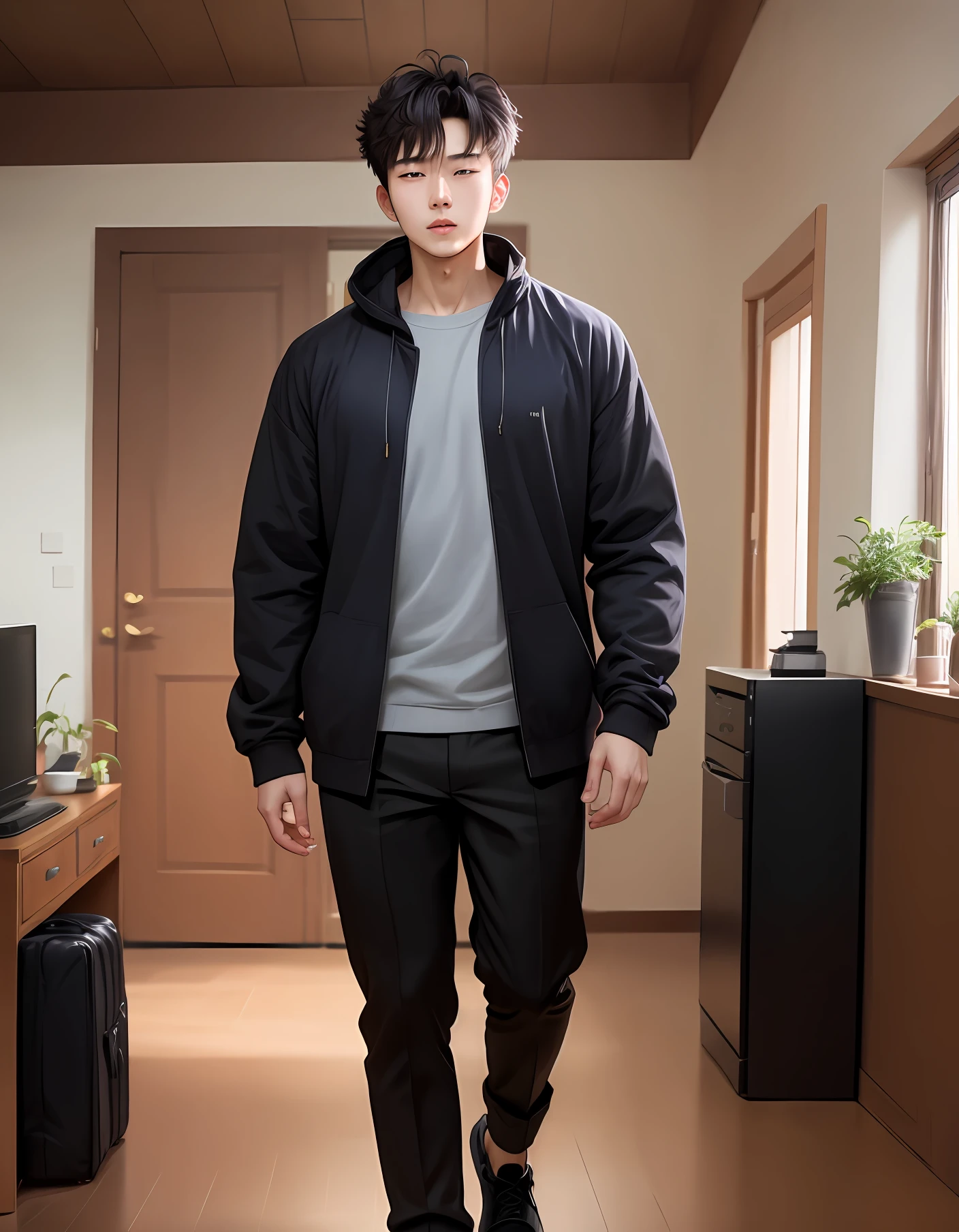 His hair is fluffy and floppy,Slightly messy,Wear loose-fitting house clothes,Gray fleece top,Dark black trousers,Looks handsome,Tall figure。