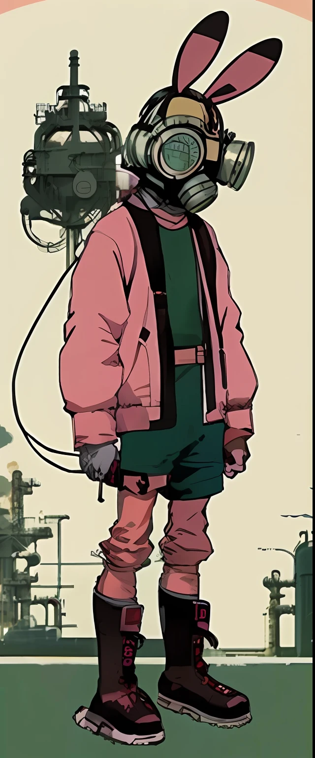 anime character wearing gas mask and green pants standing in front of a gas plant, moebius aesthetic, from akira ( 1 9 8 8 ) Style, katsuhiro otomo style, pink iconic character, josan gonzales, transmetropolitan, kastuhiro otomo, peter chung + moebius + Loish, Katsuhiro Otomo, inspired by Mœbius