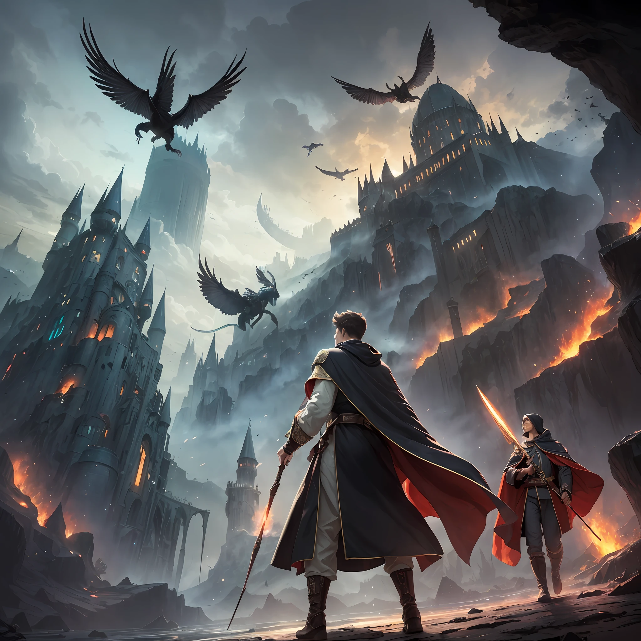 nmasterpiece,best qualitiy,(magic world),Young magician,in long hogwarts robes,Burgundy cape,holding wands,Black dragons soaring in the sky,Lead an alliance army of races on a dangerous and difficult expedition,Across a dense forest,Walk through treacherous swamps,Climb majestic peaks,Above a mysterious forgotten place,There is a huge cave surrounded by magic arrays。Dynamic composition,highly resolution,Vivid colors and dramatic lighting,Enhanced the magical atmosphere