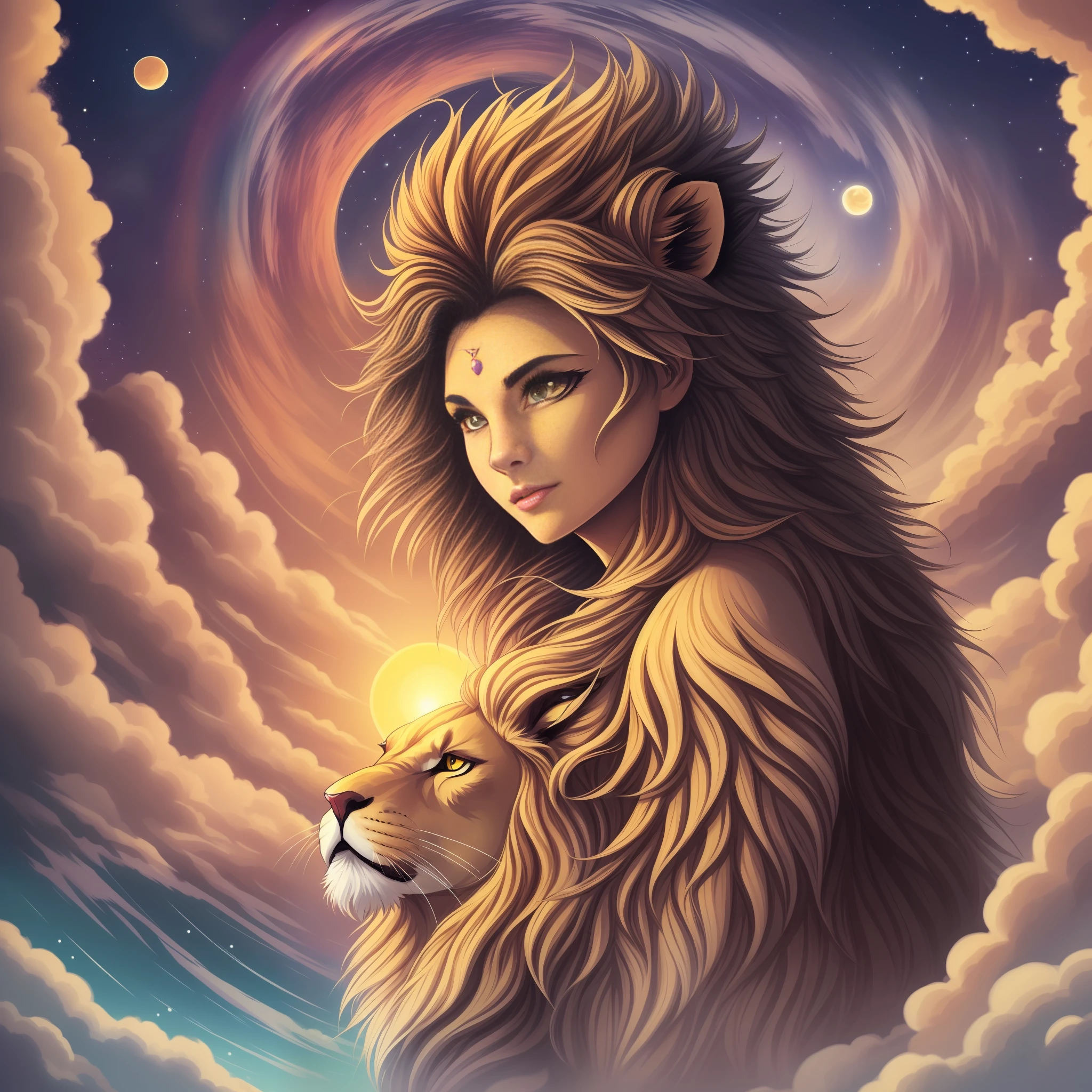 a lion、Aurora、the universe、the sun、Kali、great outdoors、Poppiato、Top Quality、巨作、Illustration style、アニメ