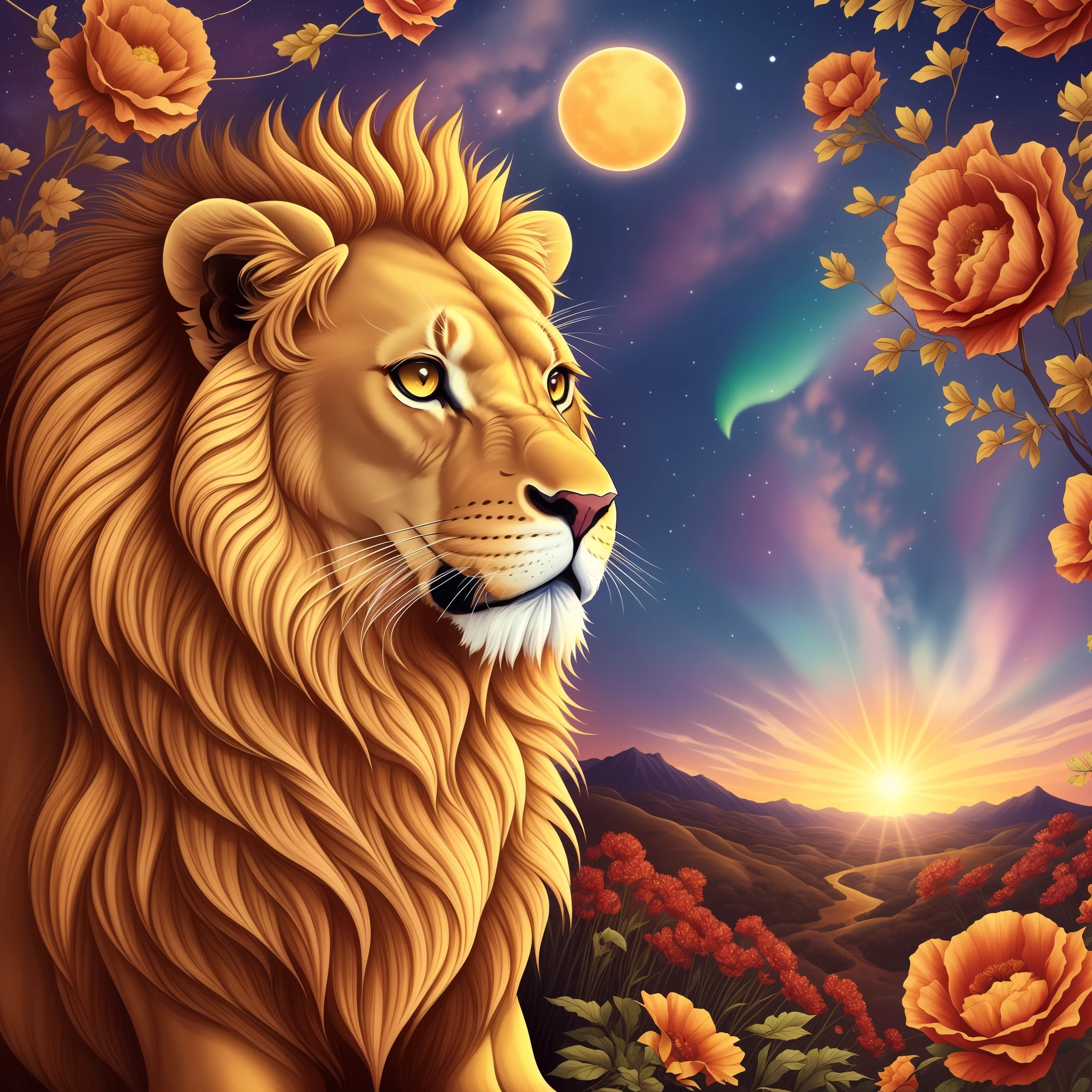 a lion、Aurora、the universe、the sun、Kali、great outdoors、Poppiato、Top Quality、巨作、Illustration style、アニメ