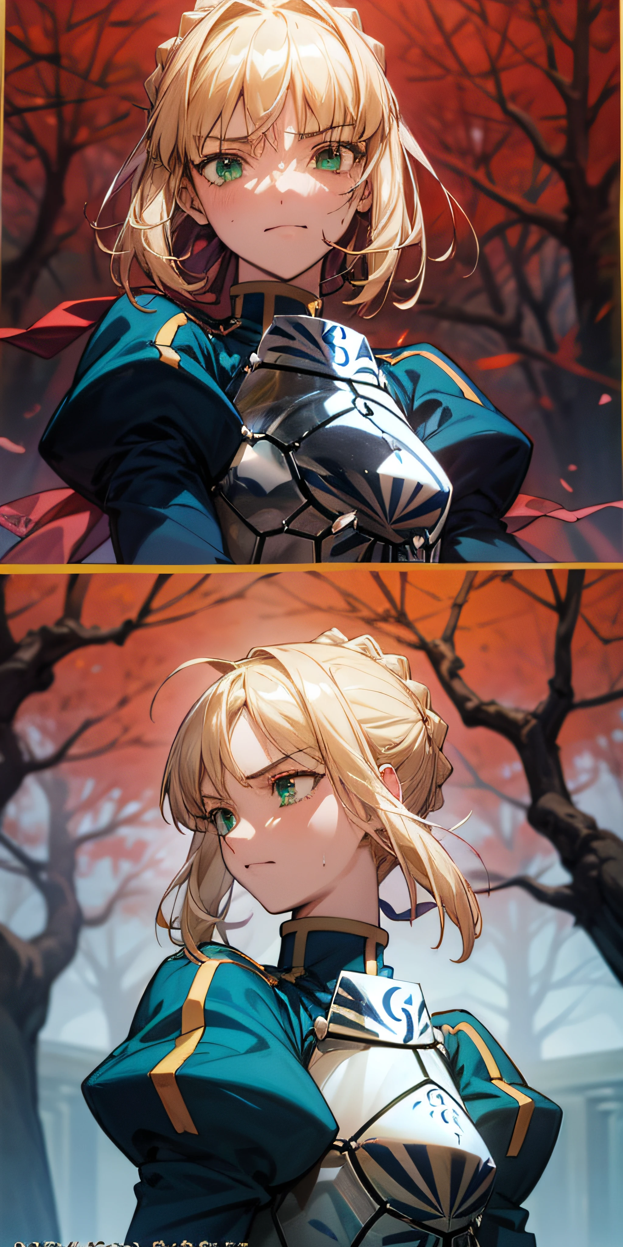 nmasterpiece， best qualitiy， highly resolution， ultra-detailed detailed， artbook， anime coloring， CG， illustration， illusions， 1girls， 独奏， Artoria Pendragon\（fates\）， Armour， Detailed beautiful face and eyes， gold hair，greeneyes，vice，effort，Sadly eyes，violence，bloody，Feelings of regret，Red environment，fury，A sea of blood，Darken ambient light，rainwater，The tree，monoliths，Kenzuka，Mass graves