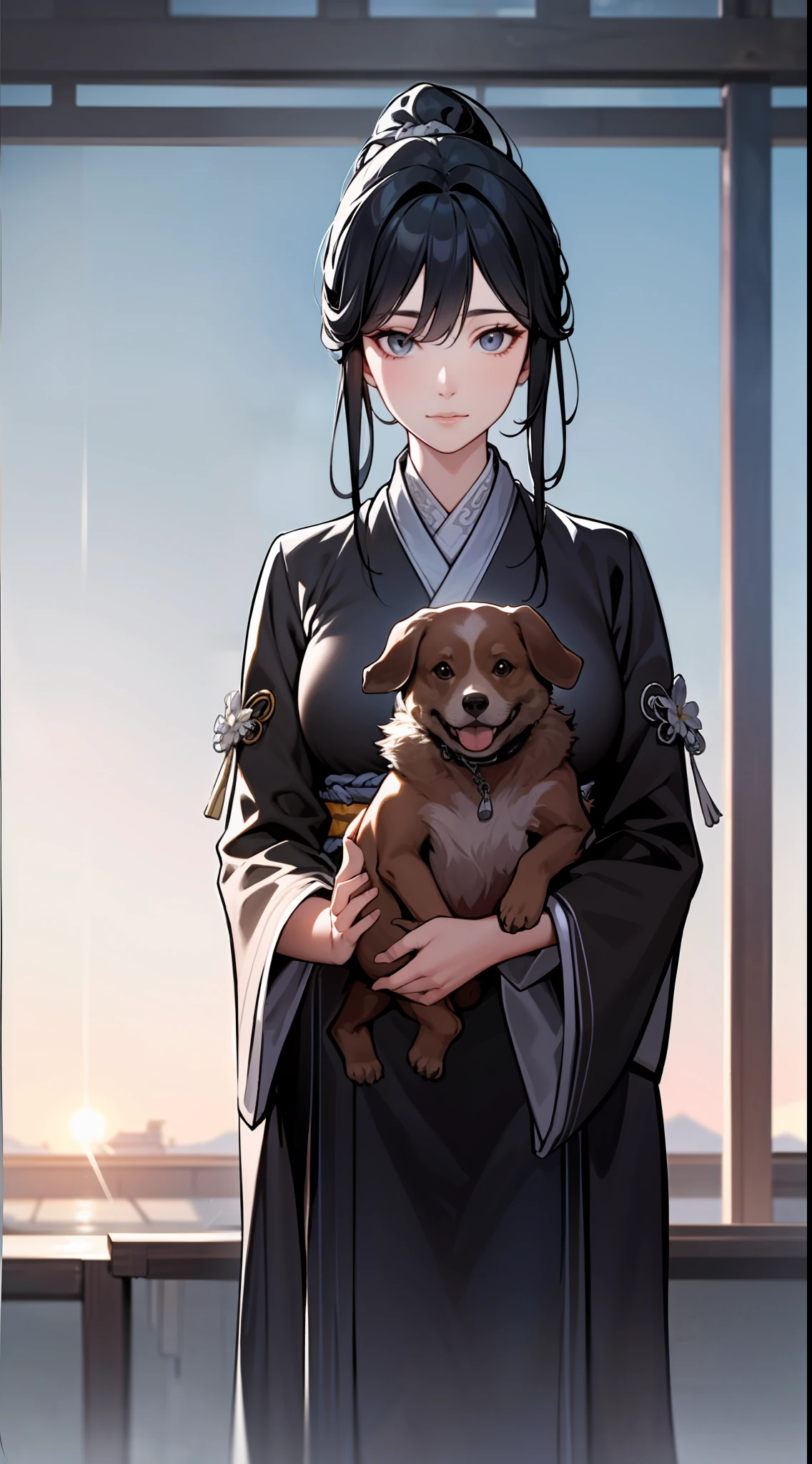 Woman in tulle hanfu (holding a dog), ponytail, gray eyeballs, textured details, glowing skin, sun, wind surrounding, motion blur background, looking at the lens, backlight, 8k, super detail, masterpiece, best quality