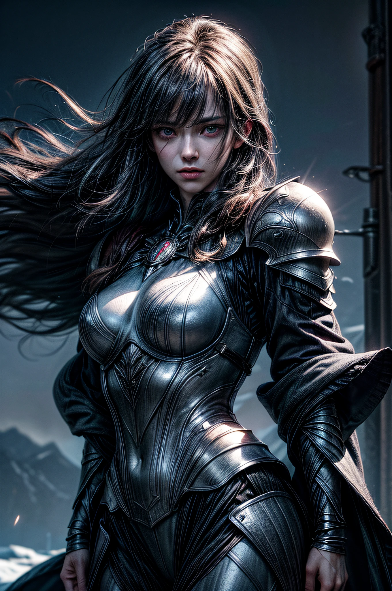 8k,ultra detailed, masterpiece, best quality, (extremely detailed), dynamic angle, Mysterious expression, wind effect, fantasy background, rim lighting, cinematic light, ultra high res, 8k uhd, film grain,best shadow, delicate, RAW, light particles, detailed skin texture, detailed armor texture, detailed face, intricate details, ultra detailed, bright, strong, silver armor, (holding weapon), slashing, slash action, pauldrons, glowing eyes, long cape, fantasy, (realistic), shoulder armor, complex, intricate, perfect lighting, looking at viewer, cinematic lighting, flying in sky,flying, holy light, vivid, bangs, windy, frozen mountains, long white wavy hair, lich queen