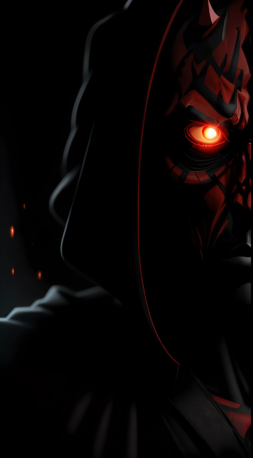 (Dark shot: 1.1), Epic Realistic, Darth Maul from Star Wars in the dark with glowing eyes and glowing cape, soft cinematic light, Adobe Lightroom, photolab, HDR, intricated, Highly detailed, (dof: 1,4), hyper-detail (artstation: 1,4), cinematic, warm lights, Dramatic light (intricate details: 1,1)