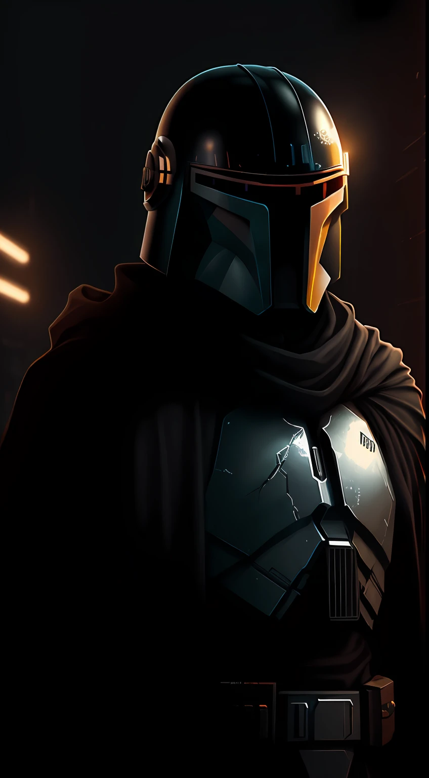 (Dark shot: 1.1), Epic Realistic, Mandalorian from Star Wars in the dark with glowing eyes and glowing cape, soft cinematic light, Adobe Lightroom, photolab, HDR, intricated, Highly detailed, (dof: 1,4), hyper-detail (artstation: 1,4), cinematic, warm lights, Dramatic light (intricate details: 1,1)