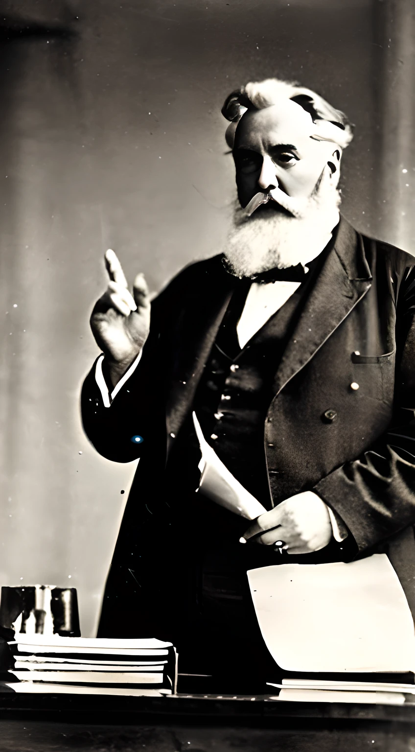 (An old-school, nostalgic vintage photography of Alexander Graham Bell), standing at a podium in an (intimate) scientist's conference room, giving a (passionate) speech on eugenics.