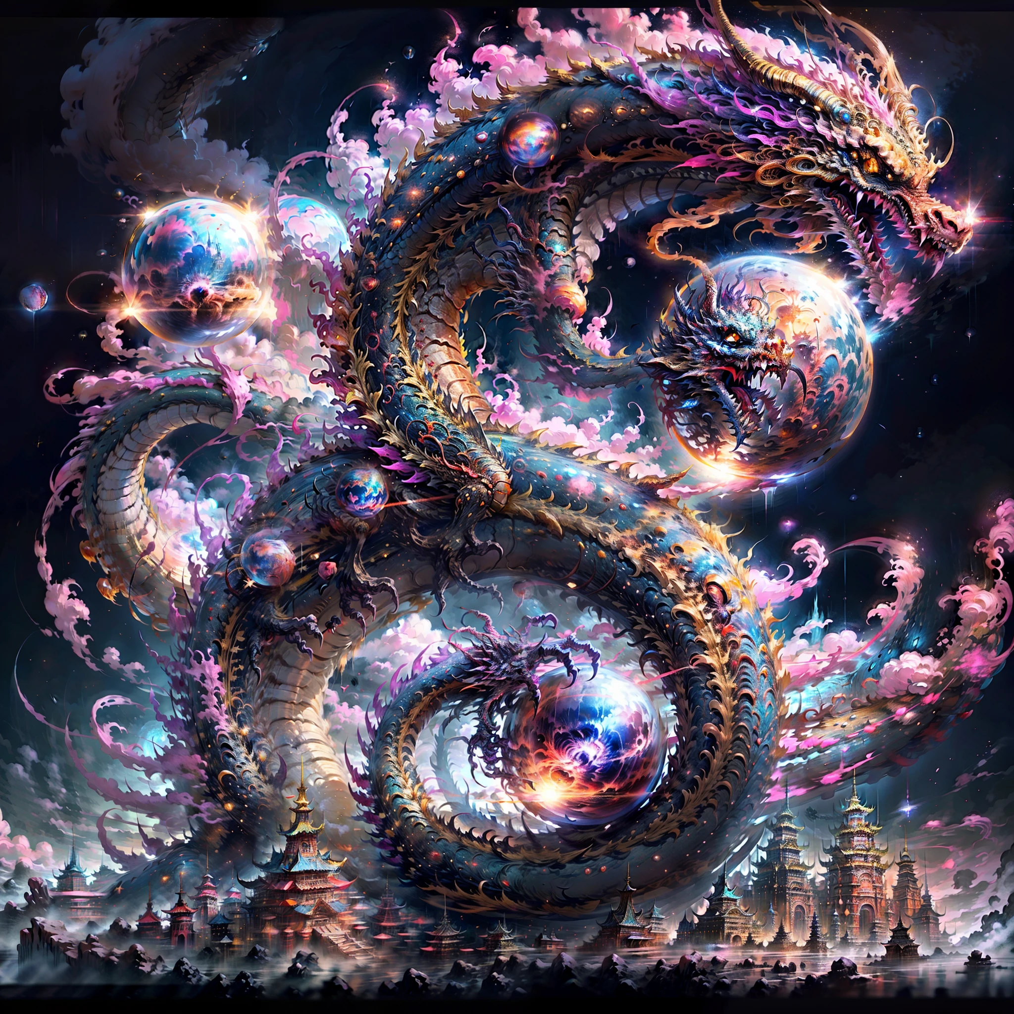 masterspiece, ultra-highres, no humans, intricate details, ff14style, painting of future cities on the moon, universes, stars, galaxies, planets, ((Chinese towns,)) bright colors, (length: 1), yellow eyes, clouds, scales, oriental dragon, opened mouth, sharp teeth, flying, horns, teeth, claws, fangs, in a fantastical otherworldly visual style,