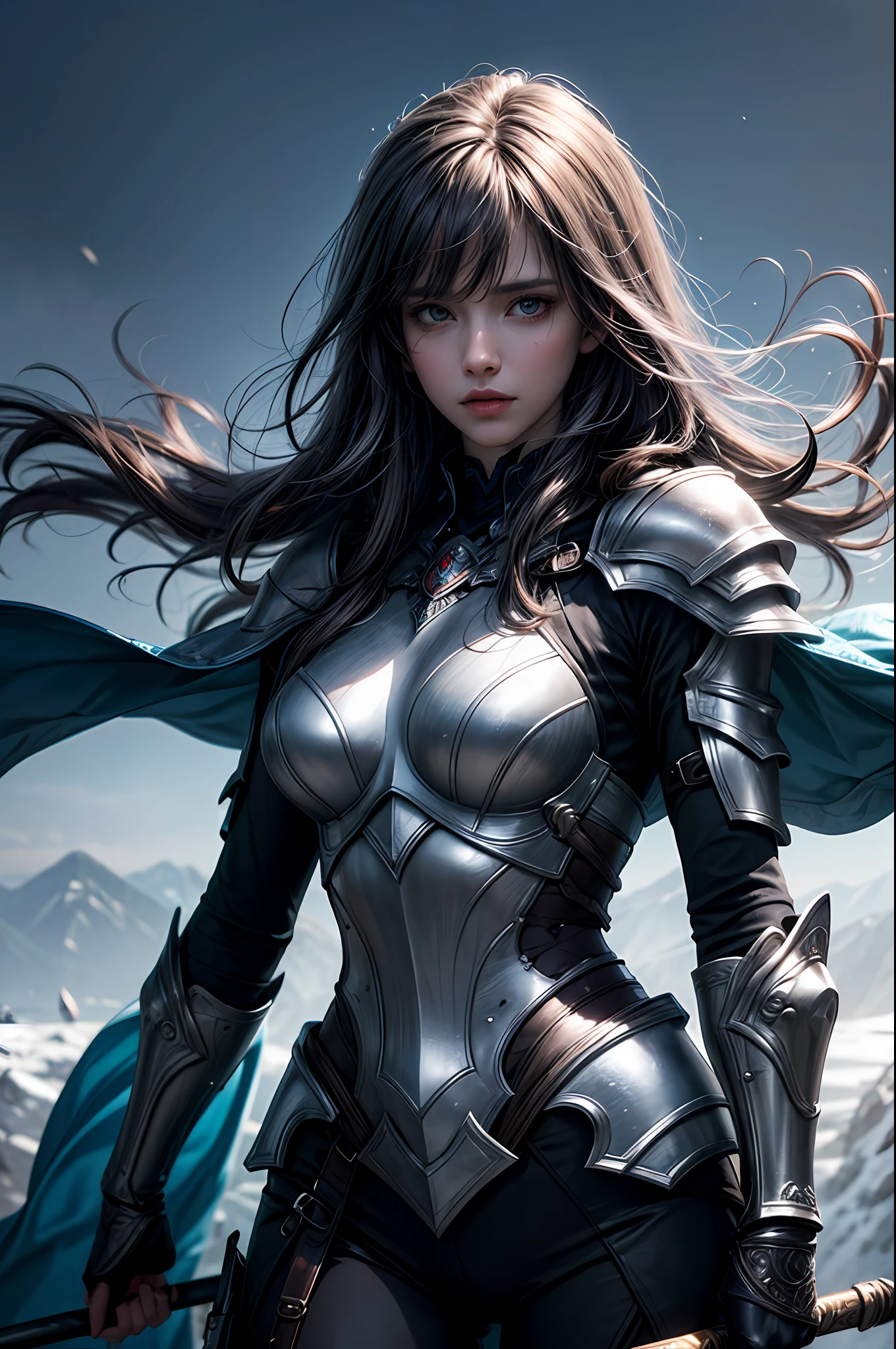 8k,ultra detailed, masterpiece, best quality, (extremely detailed), dynamic angle, Mysterious expression, wind effect, fantasy background, rim lighting, cinematic light, ultra high res, 8k uhd, film grain,best shadow, delicate, RAW, light particles, detailed skin texture, detailed armor texture, detailed face, intricate details, ultra detailed, bright, strong, silver armor, (holding weapon), slashing, slash action, pauldrons, glowing eyes, long cape, fantasy, (realistic), shoulder armor, complex, intricate, perfect lighting, looking at viewer, cinematic lighting, flying in sky,flying, holy light, vivid, bangs, windy, frozen mountains, long white wavy hair, lich queen
