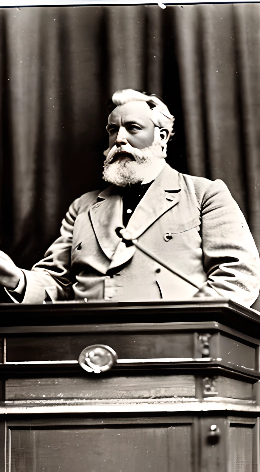 (An old-school, nostalgic vintage photography of Alexander Graham Bell), standing at a podium in an (intimate) scientist's conference room, giving a (passionate) speech on eugenics.
