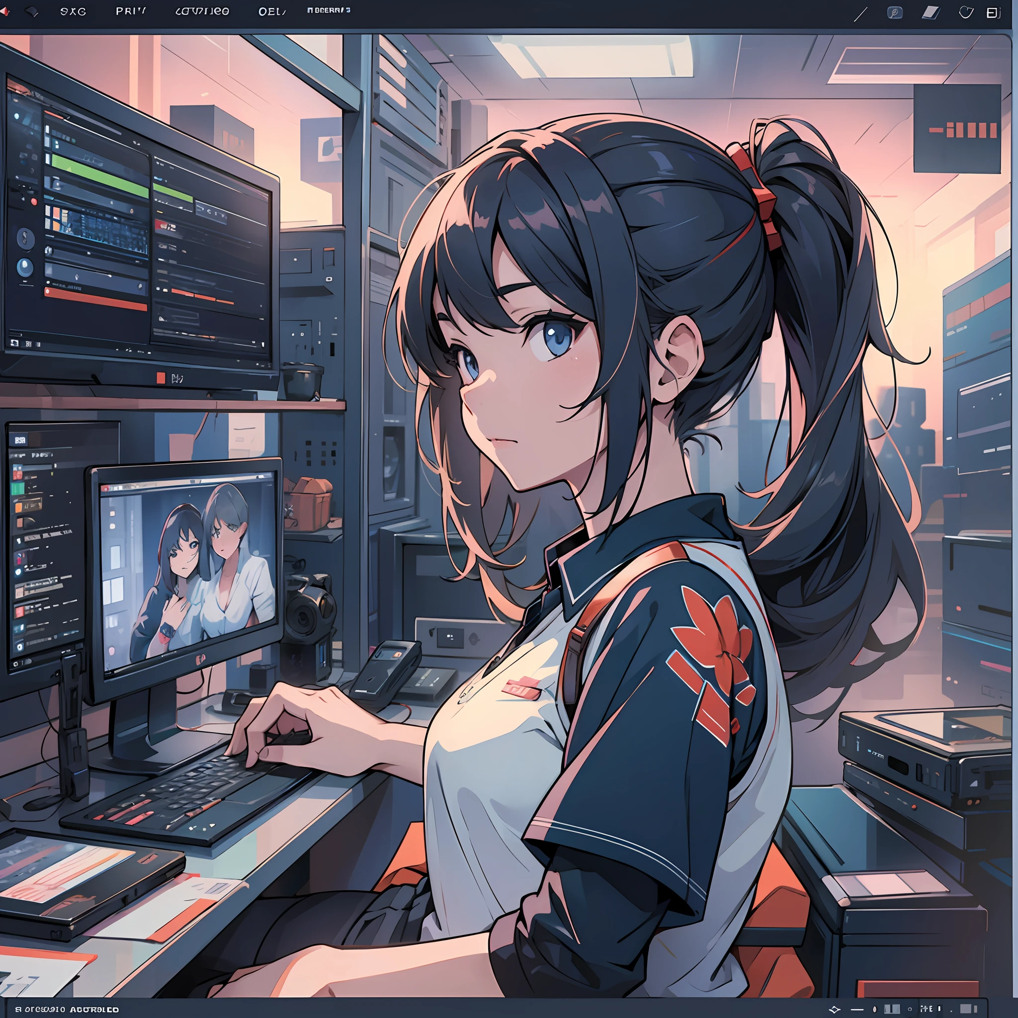 Top Quality、The background is the near future of blue、Anime beautiful girl trading Forex while looking at the chart screen --auto
