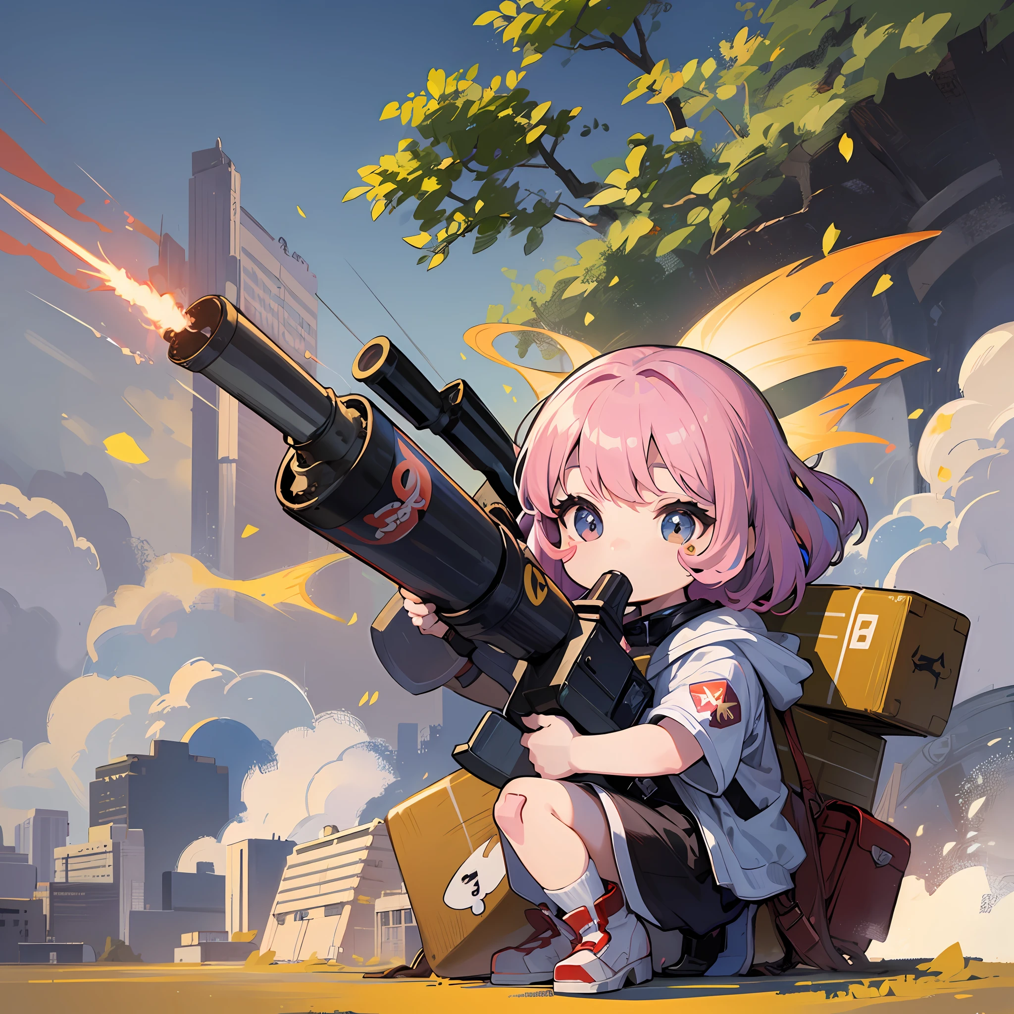 ((sticker:1.5)))、((Chibi Chara))、(((rocket launcher)))、fluffy、1girls、Strong perm、Rocket launcher launch、、Blow up the city、Strongest、Chibi Chara、ful body、pastel-colored hair、Fairy tale、Fantastical、Masterpiece、Top  Quality、high picture quality