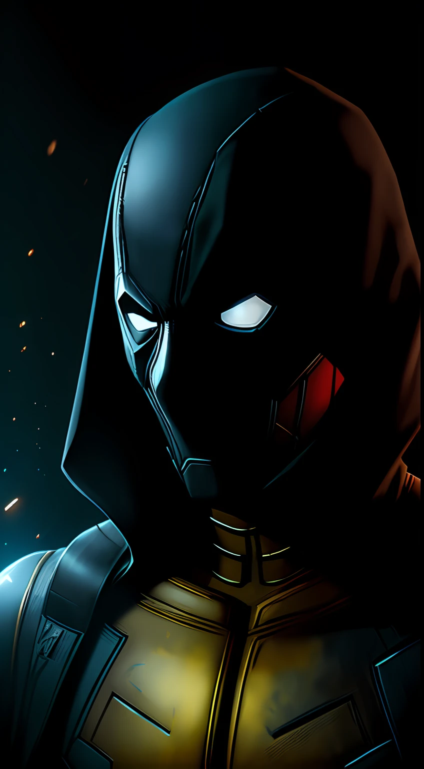 (Dark shot: 1.1), Epic Realistic, Gold Deadpool in the dark with glowing eyes and glowing cape, soft cinematic light, Adobe Lightroom, photolab, HDR, intricated, Highly detailed, (dof: 1,4), hyper-detail (artstation: 1,4), cinematic, warm lights, Dramatic light (intricate details: 1,1)