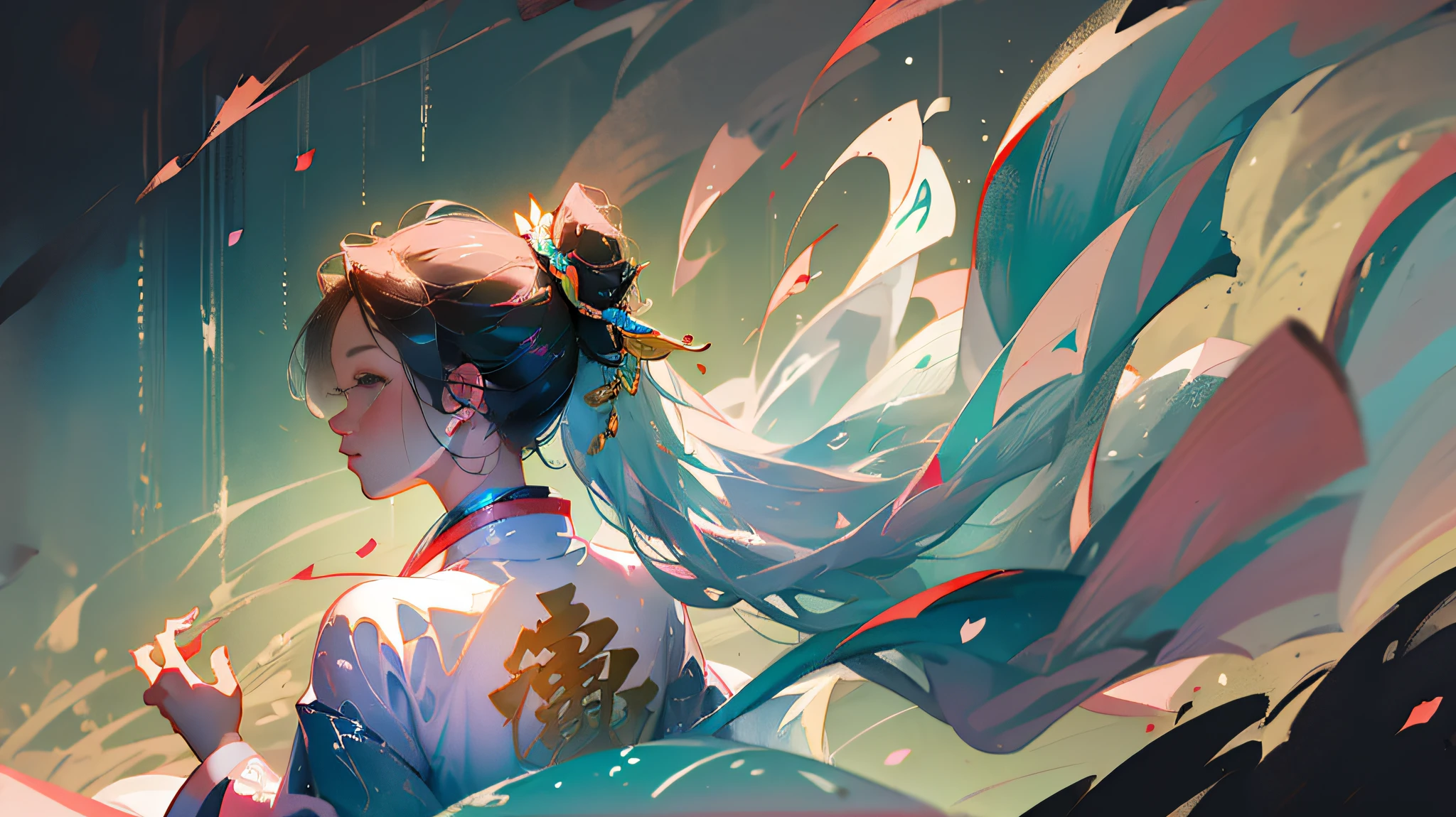 (masterpiece), (best quality), (ultra detailed),(disheed hair),(illustration), (1girl), (Fashionable clothing), standing, Fashion model, looking at viewer, (interview), (simple background),beautiful detailed eyes,Delicate and Pretty Face,afloat,(high saturated),(Colorful splashes),Colorful bubbles,(shine),focus on face,Black hair,hair bangs,Hair rings,Floating flowers,Floating hair。Boy anime waifu, looking at viewer, highly detailed, reflections transparent iridescent colors, long transparent iridescent RGB hair, artby Serafleur from artstation, thick acrylic,Illustration on pixiv,best possible quality,ultra-detailed detailed,Grieving,clever,Nice face,Nice lighting on black background,The character style rendered by Octane, --auto