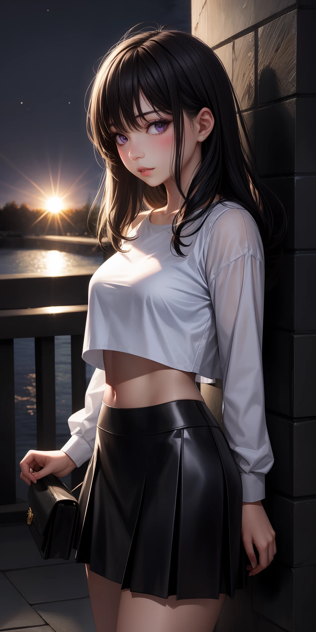 realistic, girl one, black hair, purple eyes, shining eyes, crop top, skirt, parted lips, blush, night, flower, sun, sunlight,