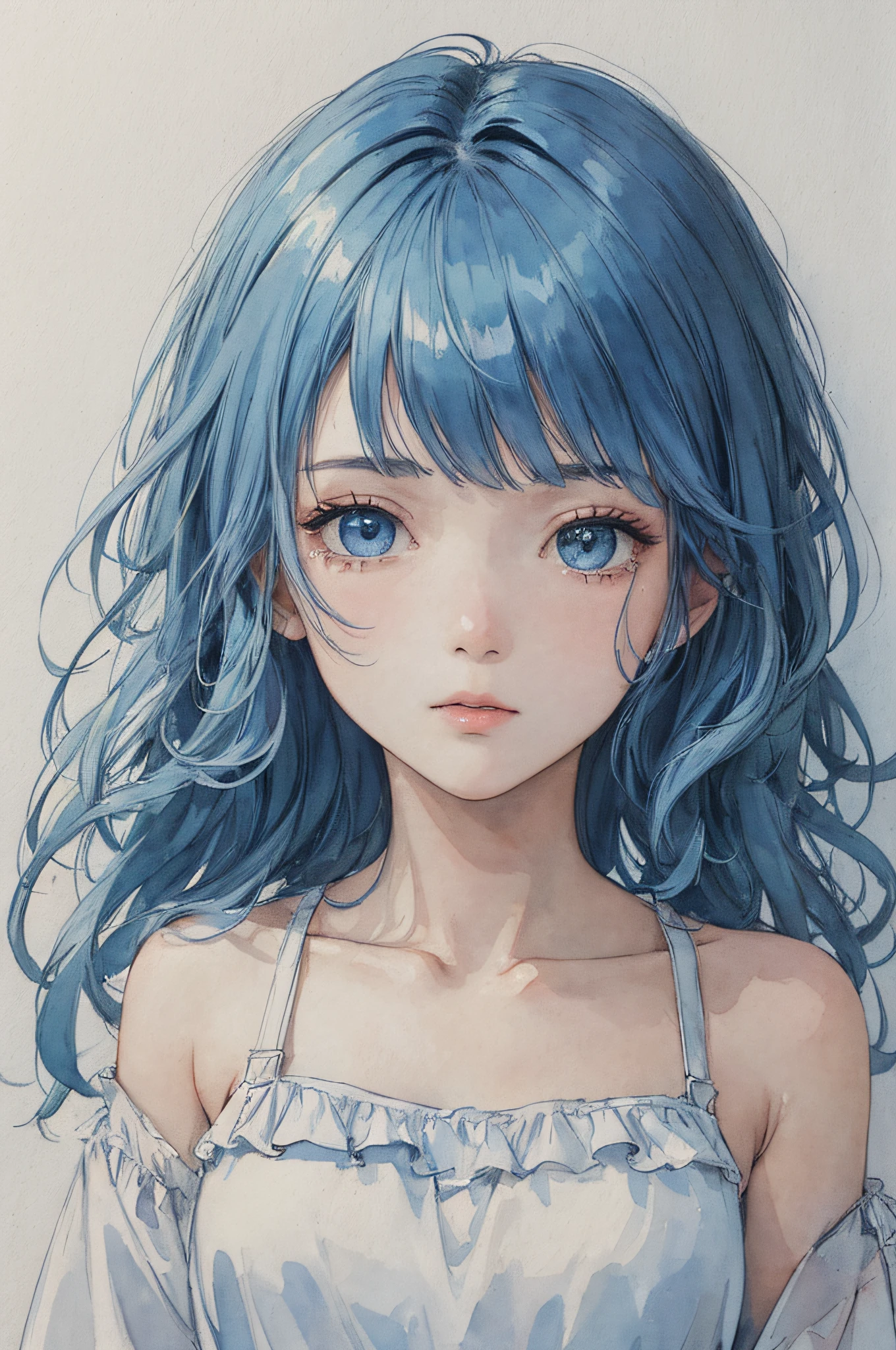 (巨作、Top Quality、Top Quality、Beautifully Aesthetic:1.2)、(Watercolor 1.5)、(Pigment Thin 1.5)、drooping eyes、tearfilled eyes、Beige tones、Longhea、Hazel eyes、1girls、Bibi-chan、(Fractal art:1.3)、light-blue hair、lightblue eyes、white shirts、ruffles、Tank tops、shoulder