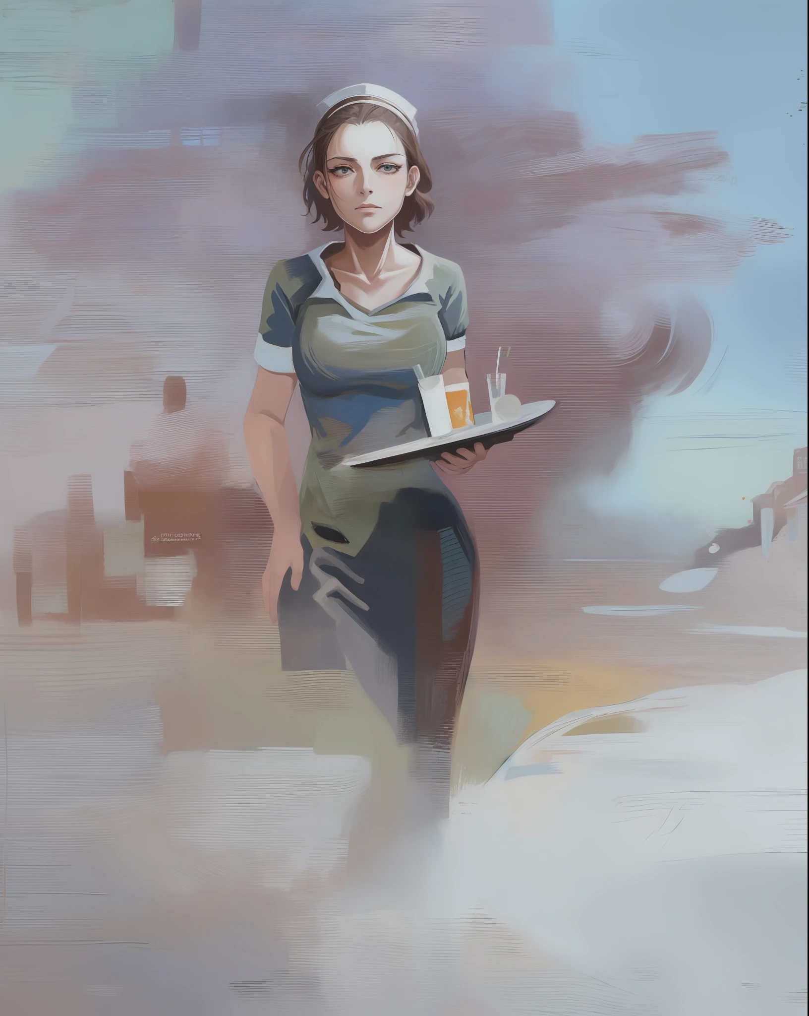 Painting of a woman holding a tray in her hands, ( waitress ) garota, inspirado em Jules Bastien-Lepage, Directed by: Richard Carline, Directed by: Michael Ford, Directed by: David Park, Directed by: Charles Roka, Ryan Hewett, oil painting in a modern style, pintura de uma mulher, inspirado em Ilya Ostroukhov, No estilo de Kyrill Kotashev