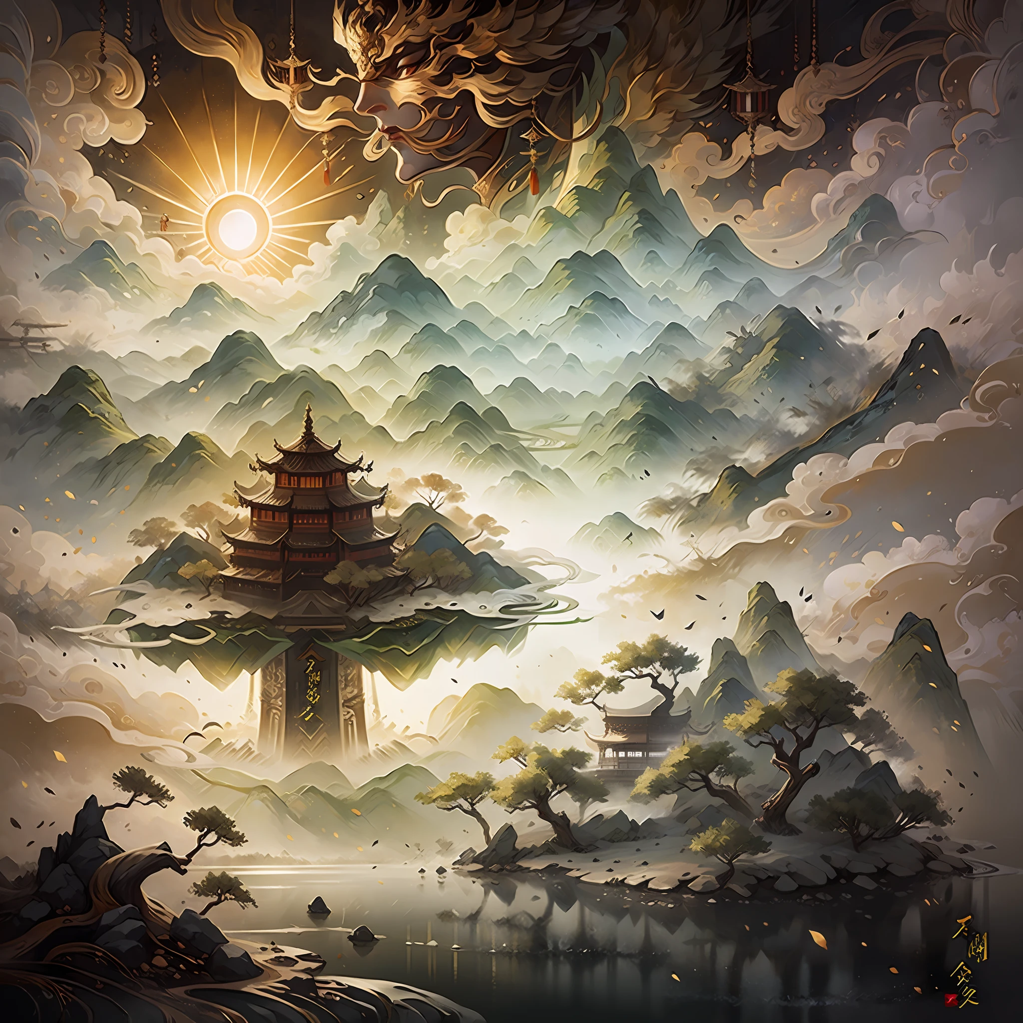 chinese wind mountains, rivers, auspicious clouds, pavilions, The sunlight, masterspiece, super-detail, Epic composition, ultra hd, highs quality, Ultra detailded, Official Art, 统一 8k 壁纸, super-detail, 32K