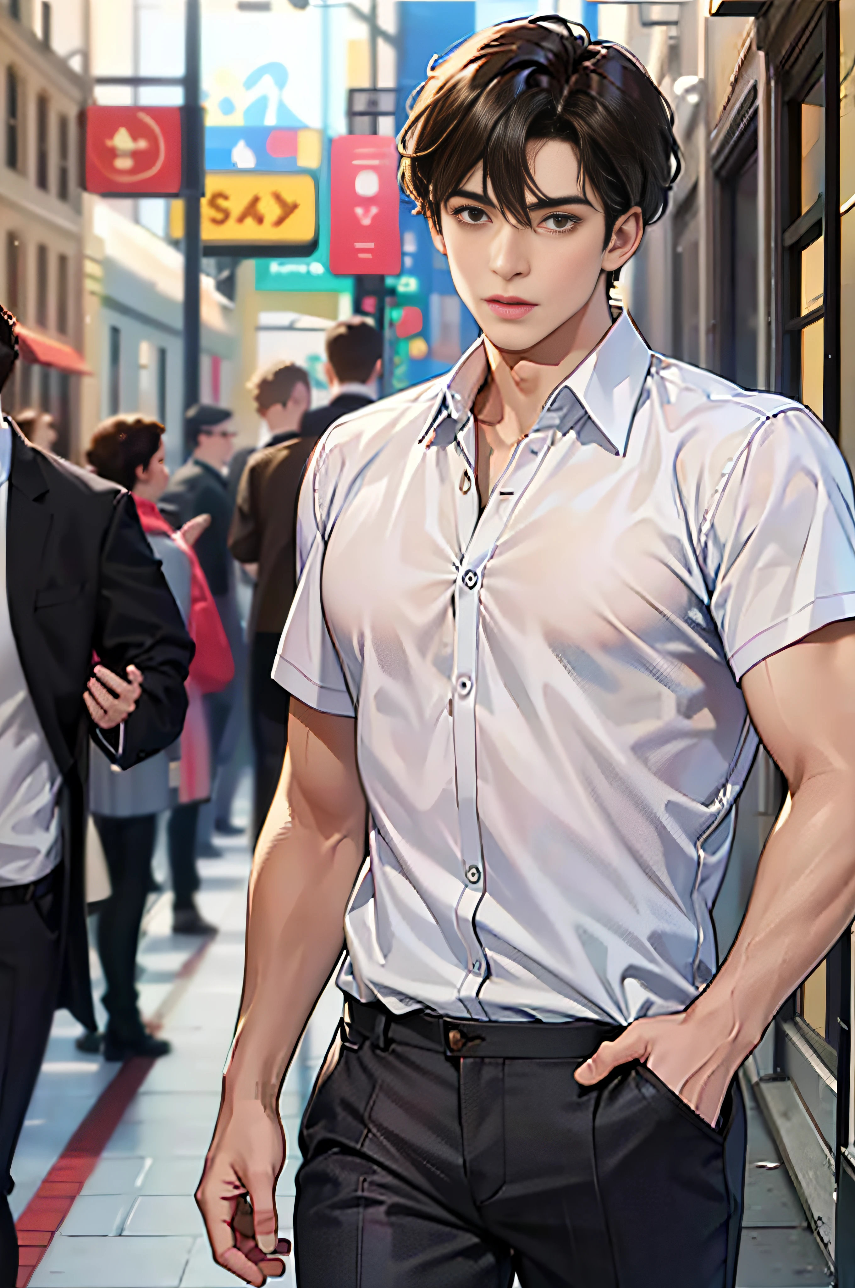 (highest resolution, distinct_image), brown pupils, brown eyes, focused eyes, affectionate, best picture quality, male god masterpiece, high detail, short black hair, black hair, bangs, 18 years old, mature, young, urban elite, tall, white shirt, black pants, city council background, cold, tall and handsome, authoritative, powerful, delicate facial features, delicate facial features, whole body