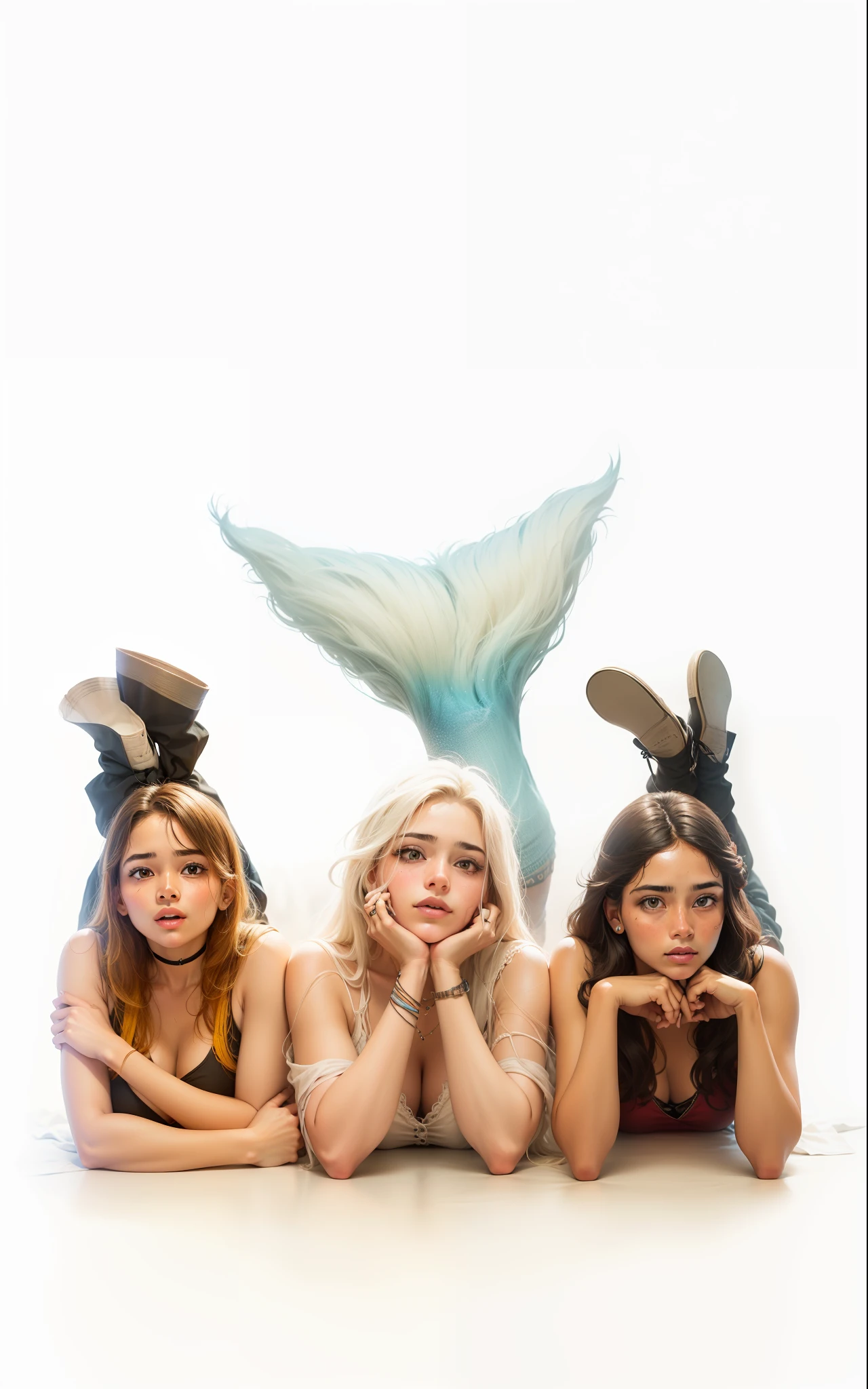Uma sereia, sereia, calda azul, cabelos loiros e azuis. Duas s, humanas. Bonitas e jovens, adolescentes