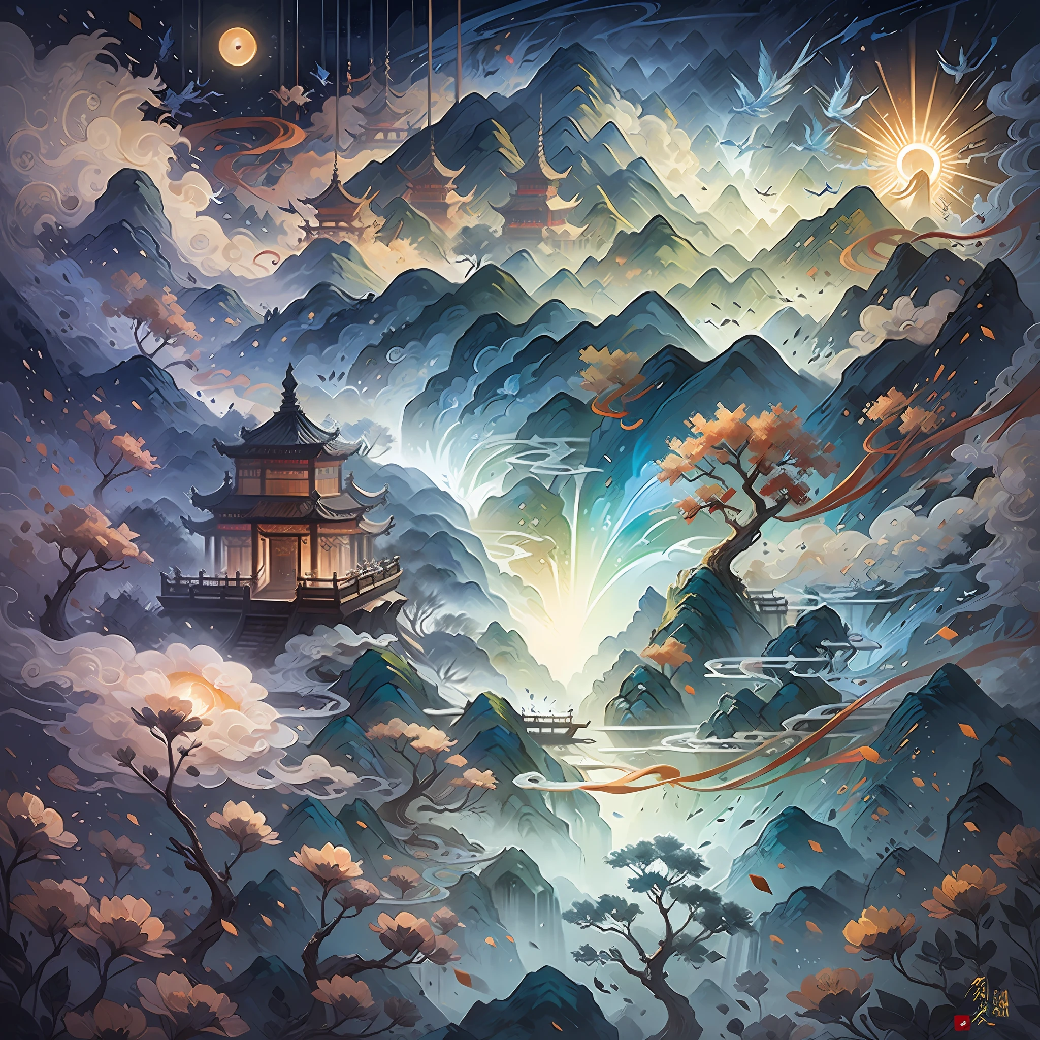 chinese wind mountains, rivers, auspicious clouds, pavilions, The sunlight, masterspiece, super-detail, Epic composition, ultra hd, highs quality, Ultra detailded, Official Art, 统一 8k 壁纸, super-detail, 32K