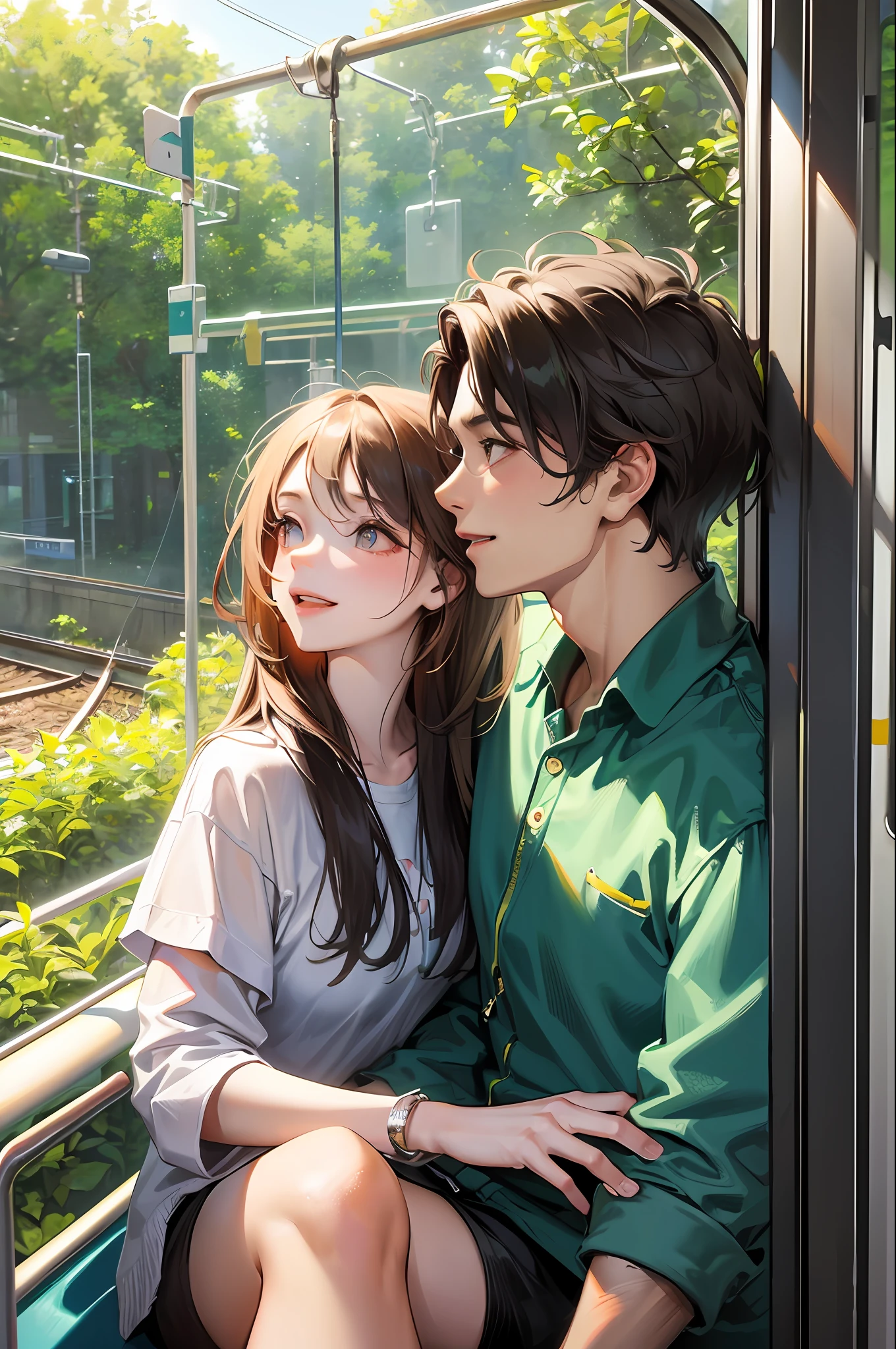 Cute couple sat at train door , clear hd face, happy, beautiful weather , greenery, train running from forest route.