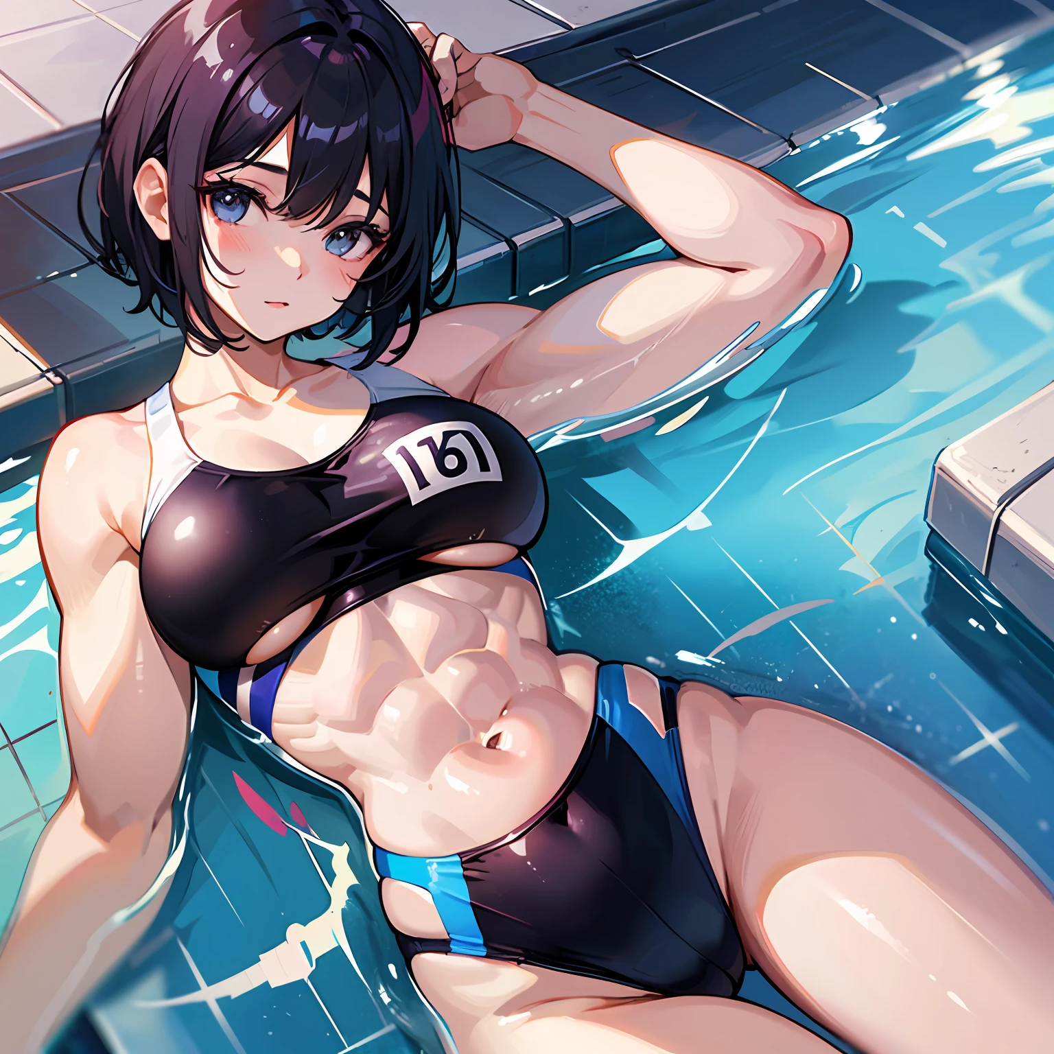 （（巨作））、（（Top image quality））、（（Top image quality））、（Illustration of one girl）、Shorthair with black hair、（（Long body））、HugeBoobs、（（muscular body））、（（Split abs））、（（muscular and thick arms））、（（muscular and thick legs））、（（Competitive swimsuit））、in poolside