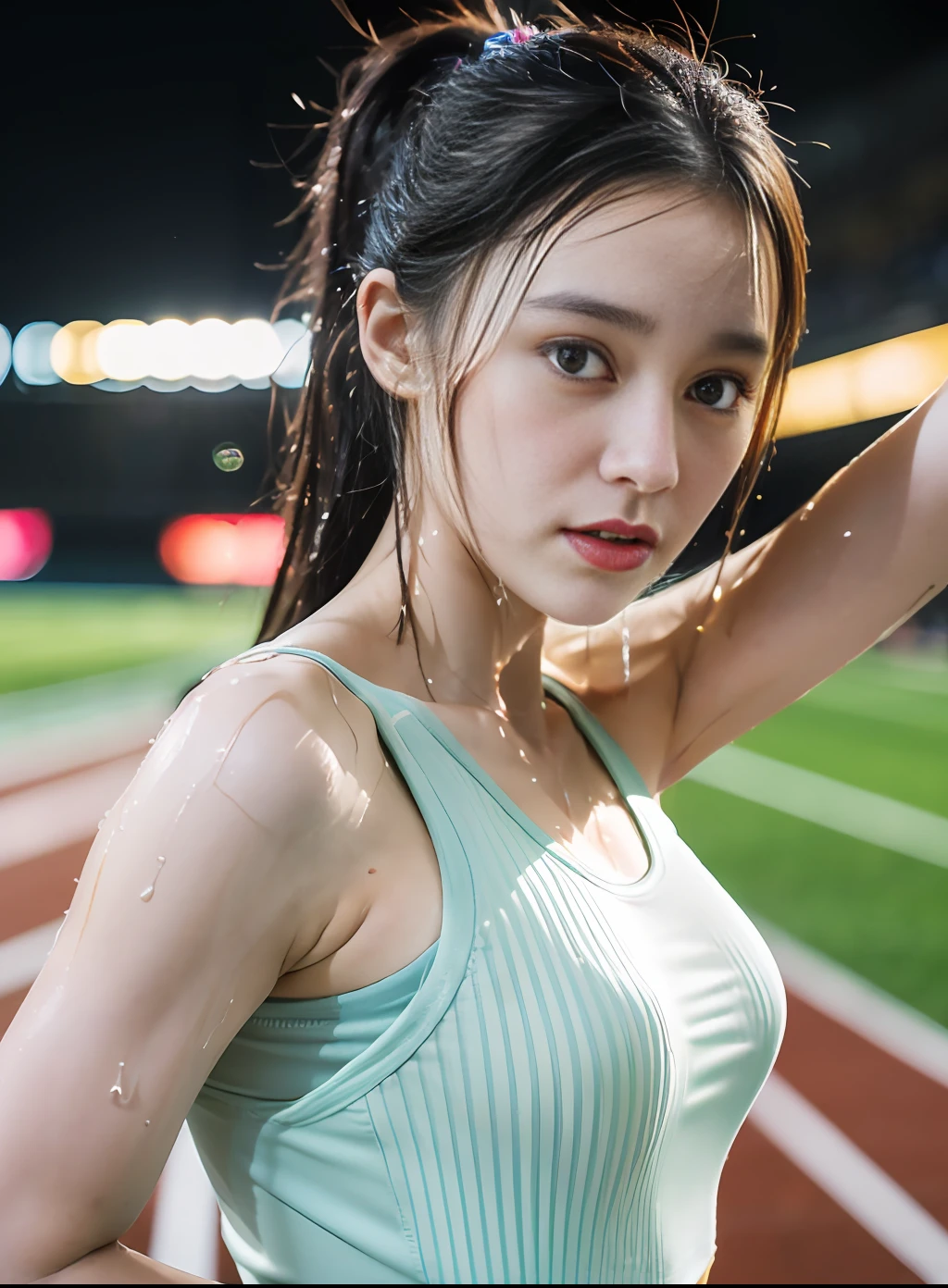 1 woman, 8k, RAW photo, (top quality, masterpiece, intricate detail: 1.4), (realistic, photorealistic: 1.3), (realistic: 1.3), photorealistic, Japan female track and fielder, (rainy weather)), ((woman standing on the track in the stadium: 1.8)), (beauty like an actress in Japan), (heavy rain), (((thin track and field team tank top)) , (light-colored athletics team tank top), (rain-soaked and see-through skin tank top), rain-wet and sticky athletics team tank top, wet colored bloomer, (wet hair), (wet bangs), wet skin, (transparent nipple protrusion), 15 years old, (small face: 1.5), (tense expression), light makeup, thin eyebrows, detailed and beautiful face, detailed eyes, (tear bags: 1.5), detailed fingers, detailed legs, detailed skin, medium breasts, shiny hair, shiny skin, wet and dripping hair, wet and dripping skin, wet and dripping tank top, (no bra), (no underwear)