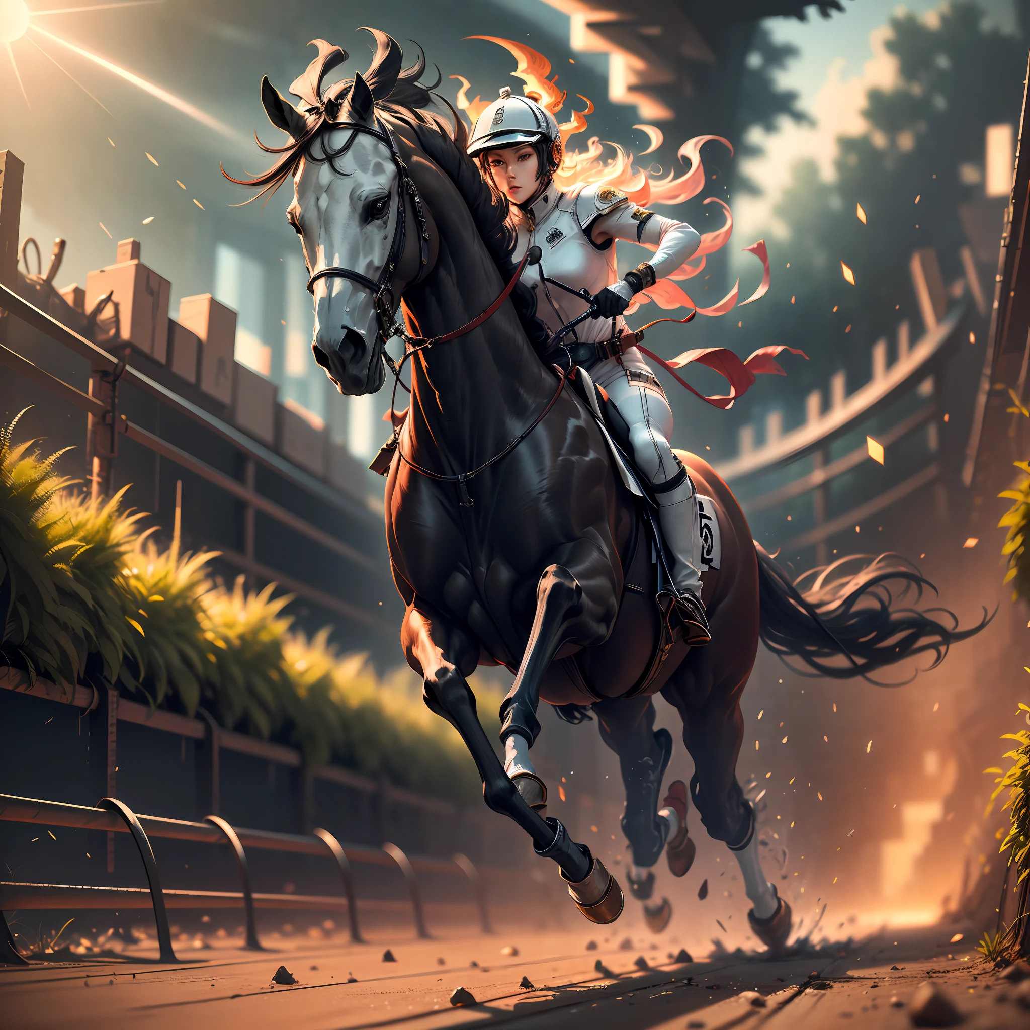 illustrious,(A jockey),(A jumping black steed),Hurdles,the Sun Shining,Intense light effects,illustration,CG quality,8K,Red costume。 --auto