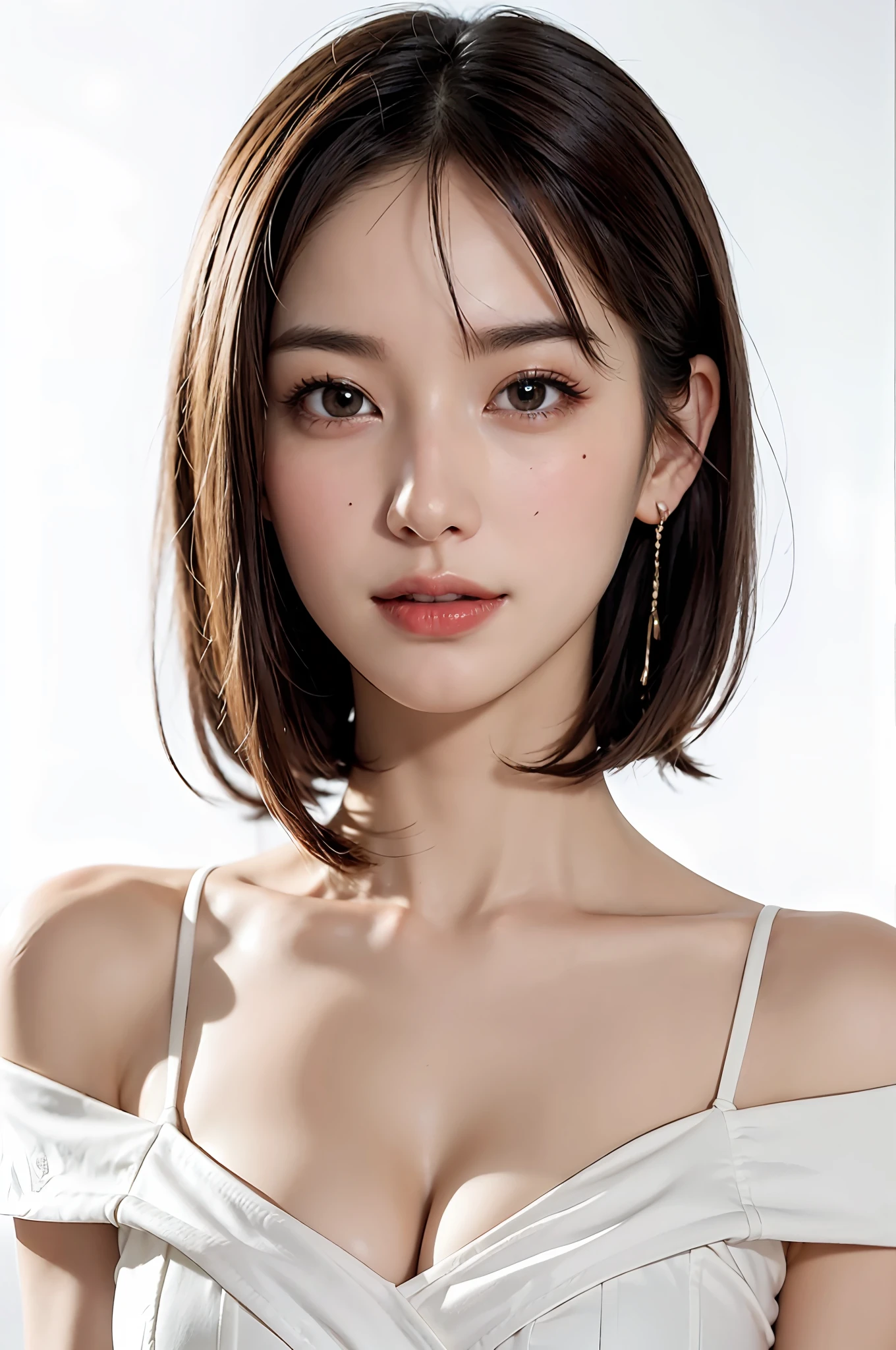 ((巨作、Top  Quality、high-detail))、(女の子1人)、(photorealestic:1.4)、独奏、White background、with a pure white background、(the neck is long、Put your ears out、off shoulders、Shoulder out、Glossy skin)、closes mouth、Happy smile、Smile happily、pretty black hair、Shorthair、big eye、Distinct double eyelids、Lashes、Put your ears out、long neck、long neck、Absolute Area、((Face Close-up))、(Draw all the shoulders)、19-year-old、Attractive proportions、Clean collarbone、The face of the golden ratio、a perfect face、Tear mole、Mole on chest、bangs bangs、Clean bangs、Beautiful bangs、thin lips、White-colored skin、nuda、a large breast、Small face、Smaller face、Draw all the heads、Put all your shoulders out、Staring at the camera slightly upwards、(Staring at viewer、Highlights in the eyes、Light brown eyes、lipgloss)