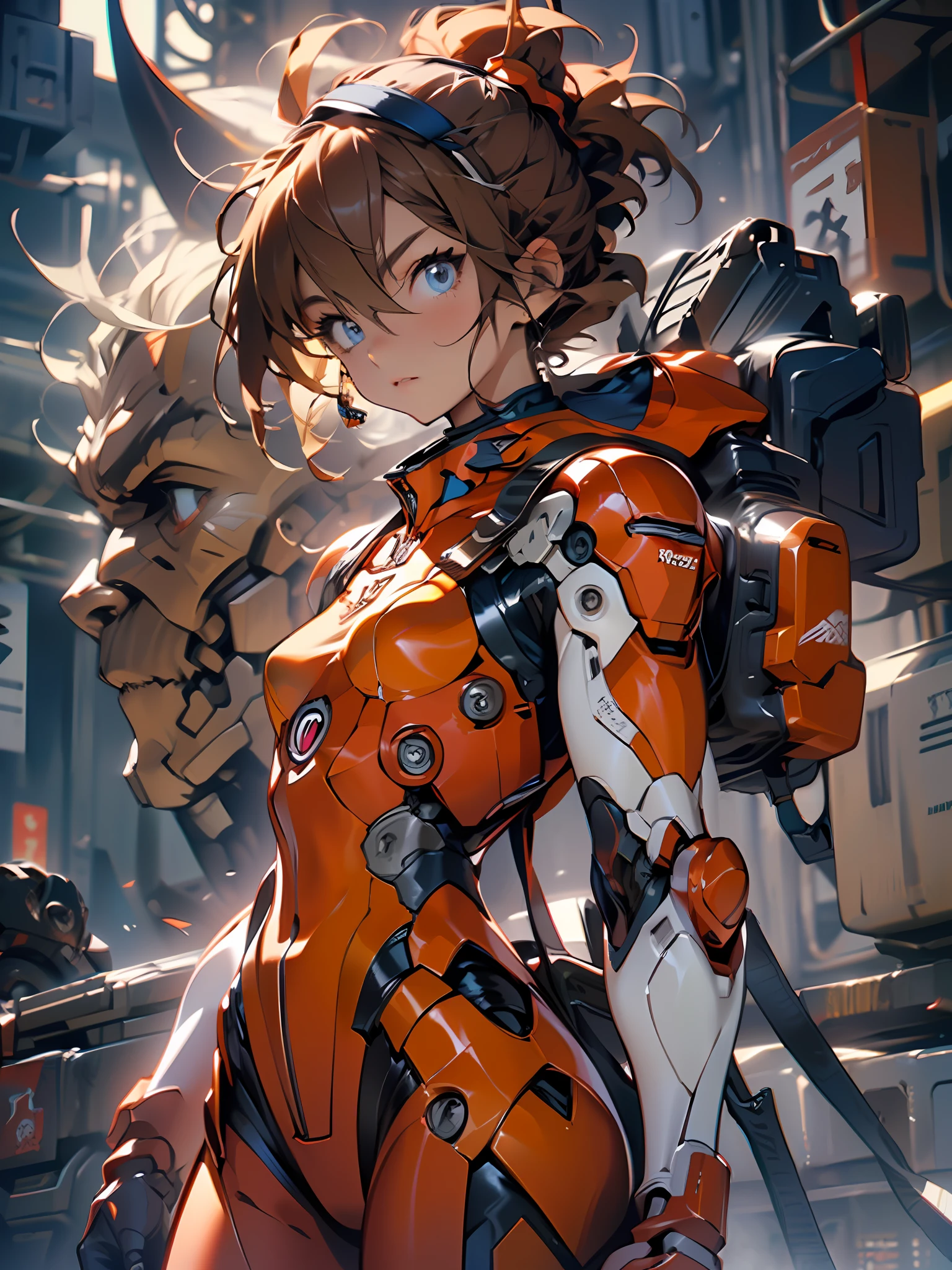 Asuka Langley Soryu，Blue eyes，hair between eyes，headware，Interface headset，Orange hair，battle costume，action pose，Mecha girl，Mechanically， machine armor，   scherenschnitte， Haut du corps，   headware， technological background，album artwork，