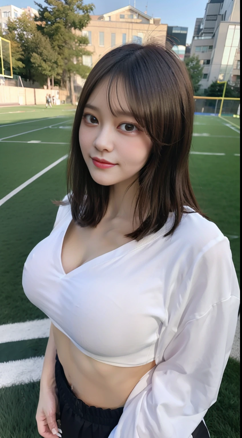 (8k, RAW Photo, Best Quality, Masterpiece: 1.2), (Realistic, Realistic: 1.37), Ultra High Resolution, Photon Mapping, Physically Based Rendering, 1 Girl, (Brunet: 1.3), Long Legs, Detailed Face, Detailed Eyes, Huge Breasts, Shiny Skin, Standing, Looking at the Viewer, (Light Smile Cute: 1.2), (Happy), Healing Cute, (Football Field: 1.2), (Evening: 1.2),sweat pants,Open sports jacket,sport bra,Whistle hanging on the chest,