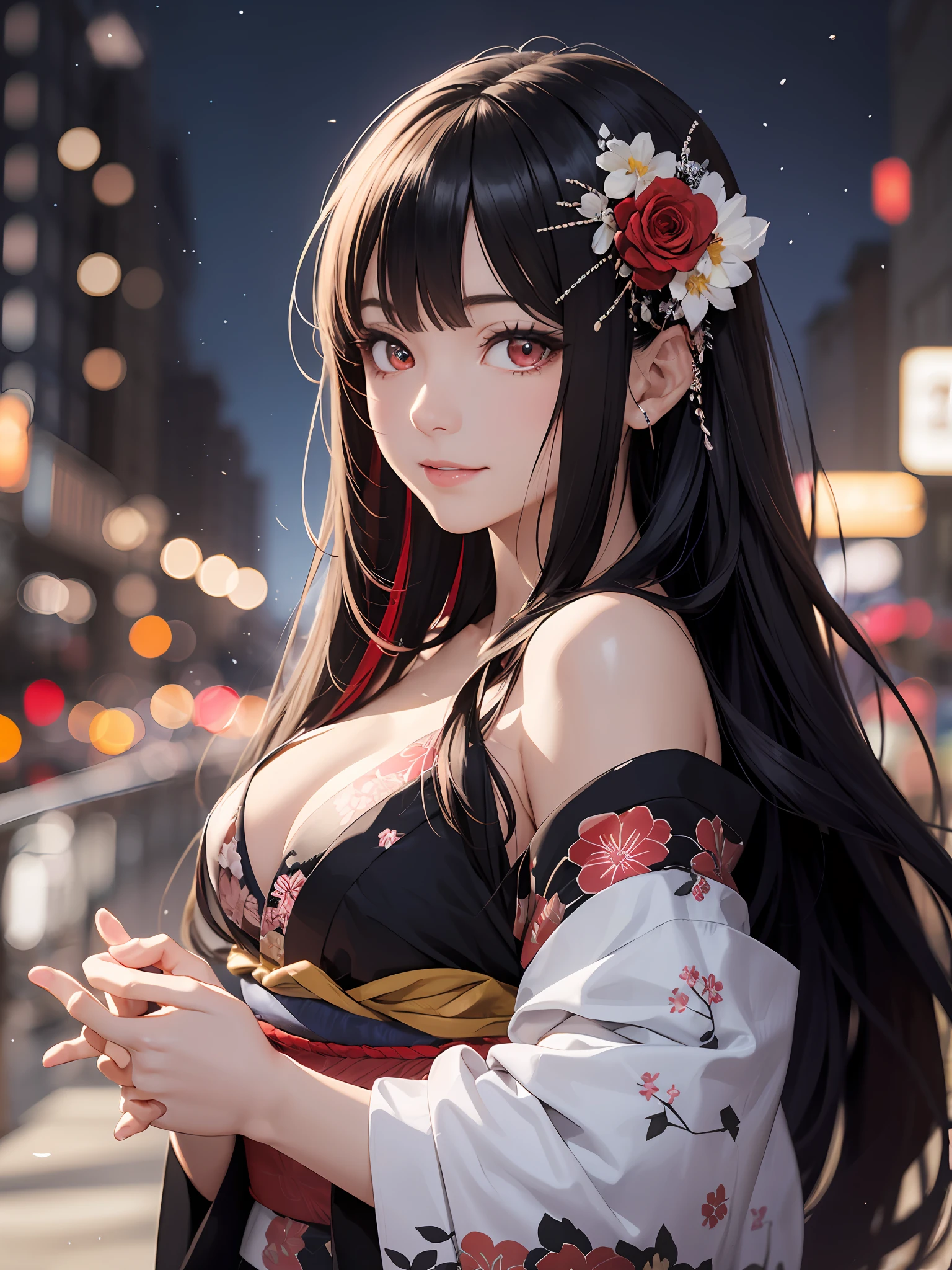extremely detailed body, girl,woman,female, mature,30 years old, long hair, bangs, streaked hair, black hair, shiny hair, beautiful detailed cold face, cold smile, bright pupils, bare_shoulders, medium_breasts, red eyes, hair_flower, kimono, night, beautiful detailed sky, cold light, bokeh,