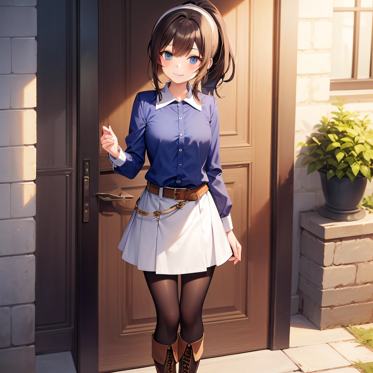 Top quality, very delicate and beautiful, girl, 11 years old, (dark brown hair), blue clothes with vertical buttons, belt at the waist, white skirt, (ponytail)), (white hair band), (brown boots), blue eyes, standing, smile