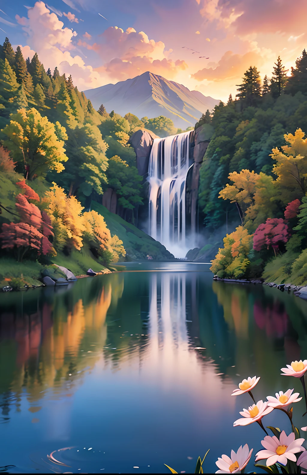 Landscape masterpiece, stunning nature, magnificent sunset in the style of wlop and alena aeinami, ultra-detailed digital painting, lake with sparkling waterfalls, colorful flowers delicately painted.