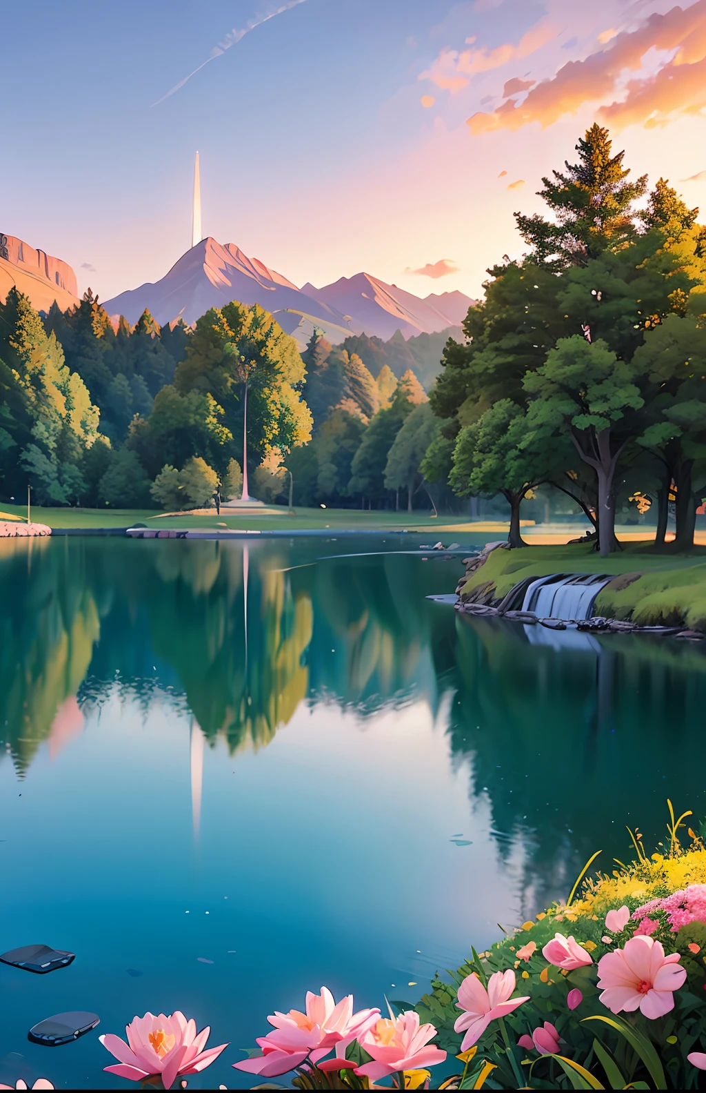 Landscape masterpiece, stunning nature, magnificent sunset in the style of wlop and alena aeinami, ultra-detailed digital painting, lake with sparkling waterfalls, colorful flowers delicately painted.
