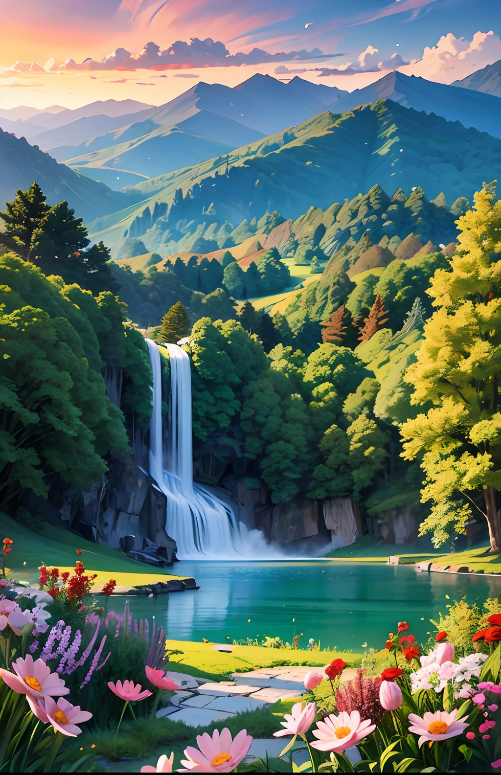Landscape masterpiece, stunning nature, magnificent sunset in the style of wlop and alena aeinami, ultra-detailed digital painting, lake with sparkling waterfalls, colorful flowers delicately painted.
