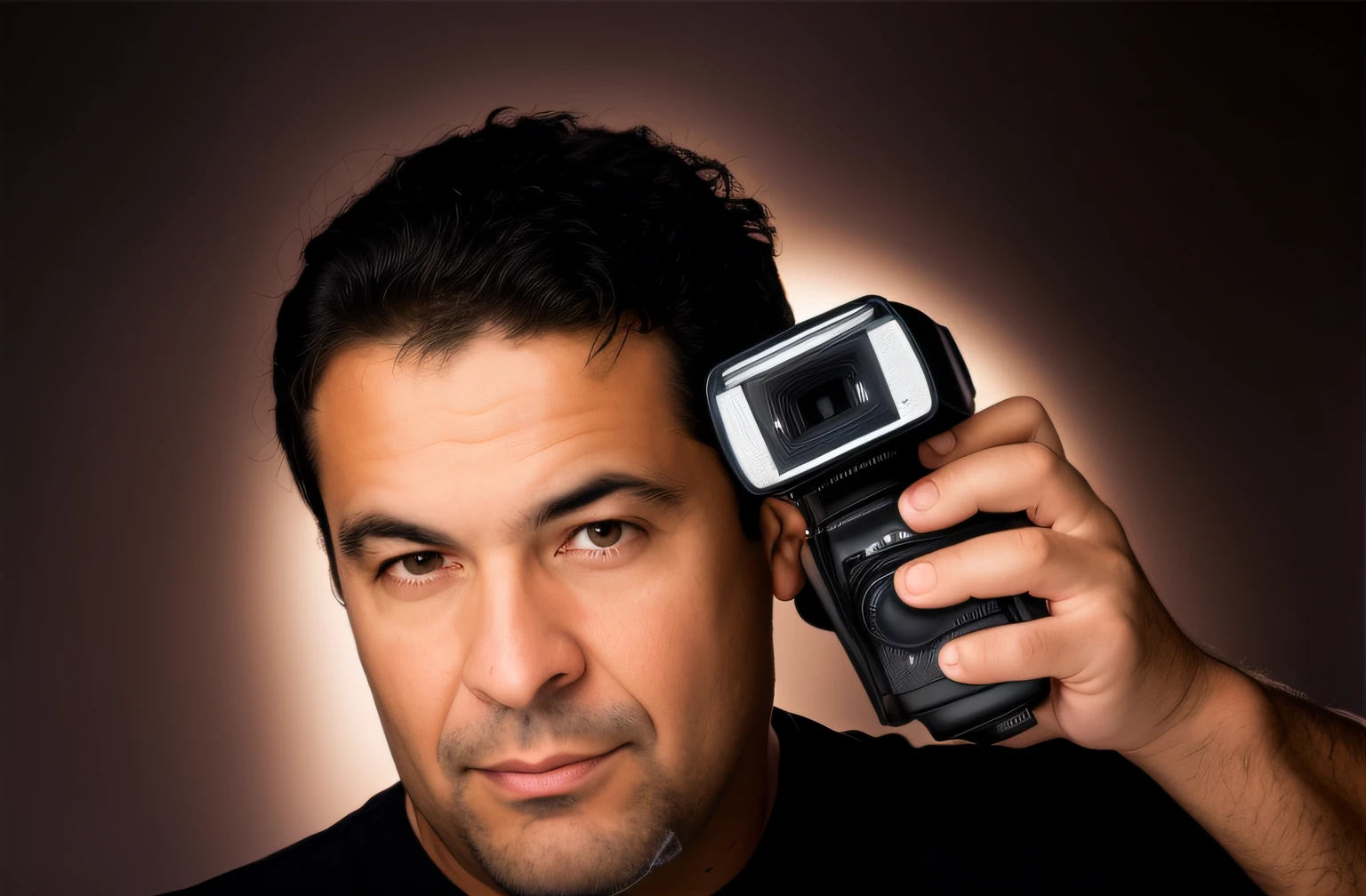 there is a man holding a camera and a flash light, ringflash lighting, camera flash on, medium portrait top light, pedro correa, luz superior retrato, foto jornalista, Foto Profissional, camera flash, retrato da fotografia, camera flash is so bright, Ignacio Rios, foto de marketing, foto retrato, Pepe Moreno, imagem retrato, off-camera flash