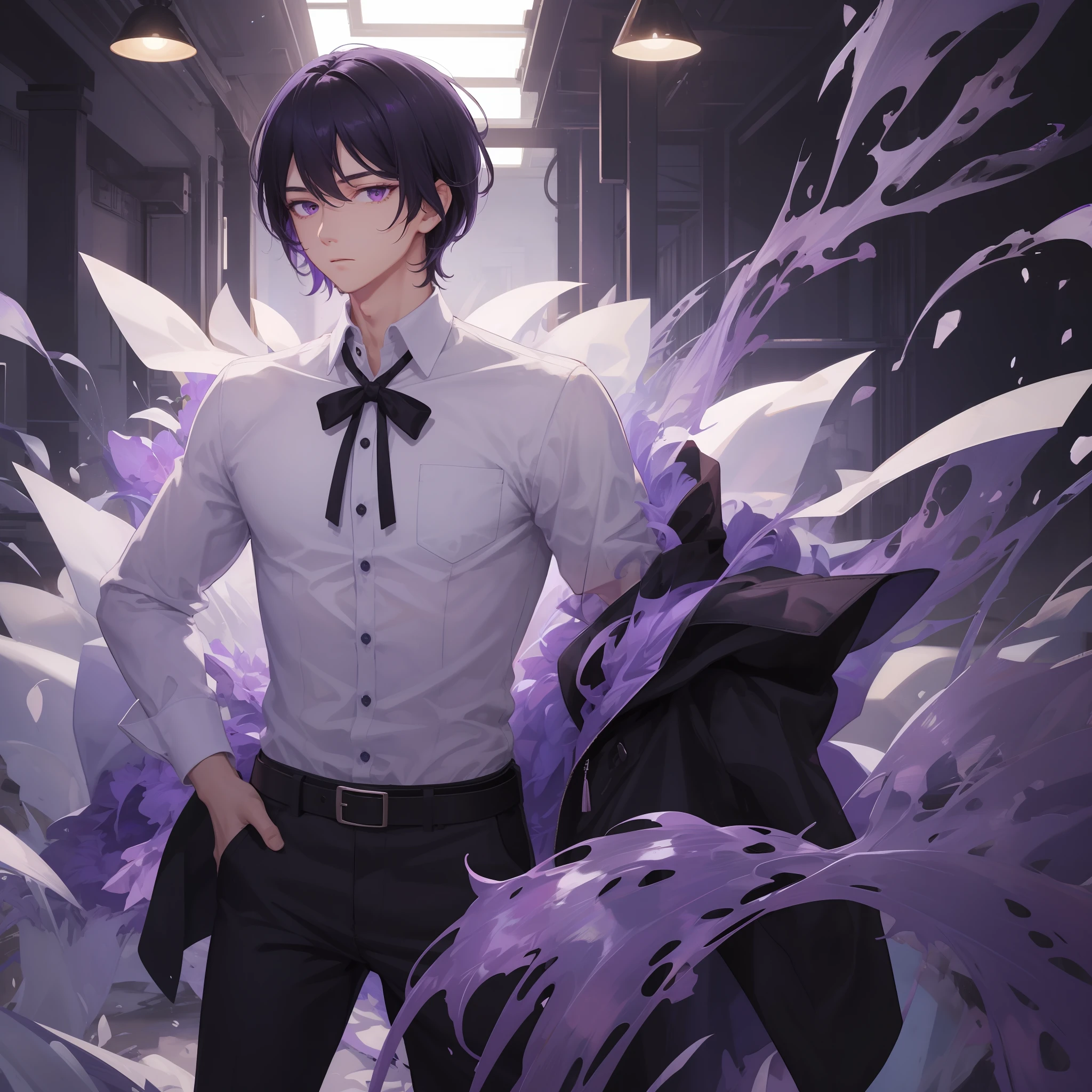 masterece-piece，Best image quality，Higher quality，(high detailes)，UltraHighResolution，8K分辨率，Boys and Men，solo person，short-length hair，Straight hair，Purple-black hair，apathetic，Camisa blanca，Purple eye，Haut du corps，Handsome，handsome husband，to stand