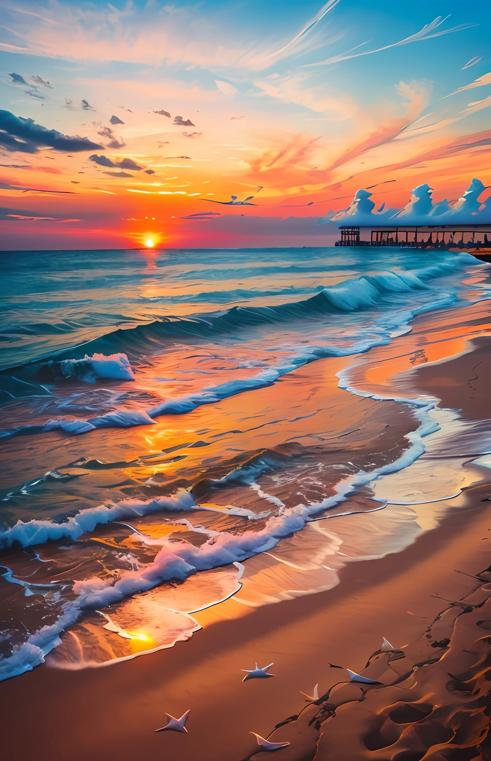 sunset on the beach with waves and a pier in the distance, colorful sunset, beautiful sunrise, vibrant sunrise, sunrise colors, vibrant sunset, colorful sunset!!, beautiful sunset, sunset at the beach, beach sunset background, sunset on the beach, which shows a beach at sunset, vibrant vivid colors, nice sunset, breathtaking colors, sunset colors, gorgeous romantic sunset, beautiful nature,Lovers walking