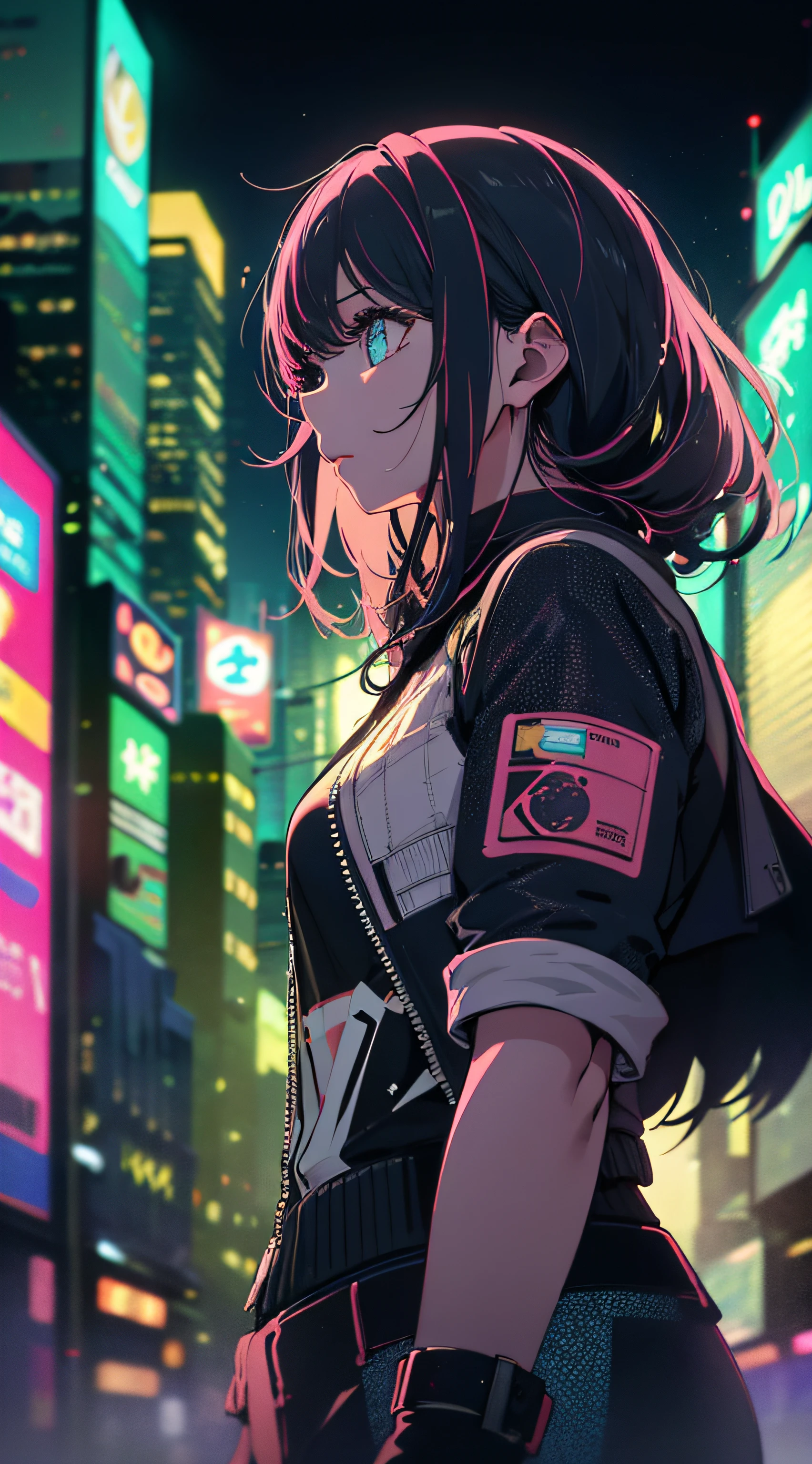 Night city、Colorful cyberpunk city background、street、Girl in her 20s in a comfortable suit、kawaii girl、Wild Girl、Black shorts、backlit、Watch the audience、Low Angle Lens、looking up lens、Perfect composition、Perfect light and shadow delicacy、8k