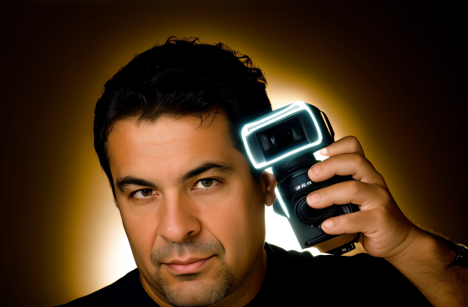 there is a man holding a camera and a flash light, ringflash lighting, camera flash on, medium portrait top light, pedro correa, luz superior retrato, foto jornalista, Foto Profissional, camera flash, retrato da fotografia, camera flash is so bright, Ignacio Rios, foto de marketing, foto retrato, Pepe Moreno, imagem retrato, off-camera flash