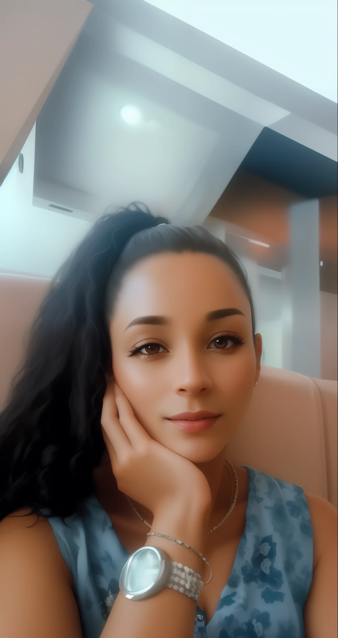 there is a woman sitting at a table with a cell phone, imagem de perfil, foto de uma mulher negra, taken in the early 2020s, imagem do avatar, tiradas no final dos anos 2000, foto de perfil, tiradas em meados dos anos 2000, foto do perfil, Anos Imane, com pele parda, imagem profissional