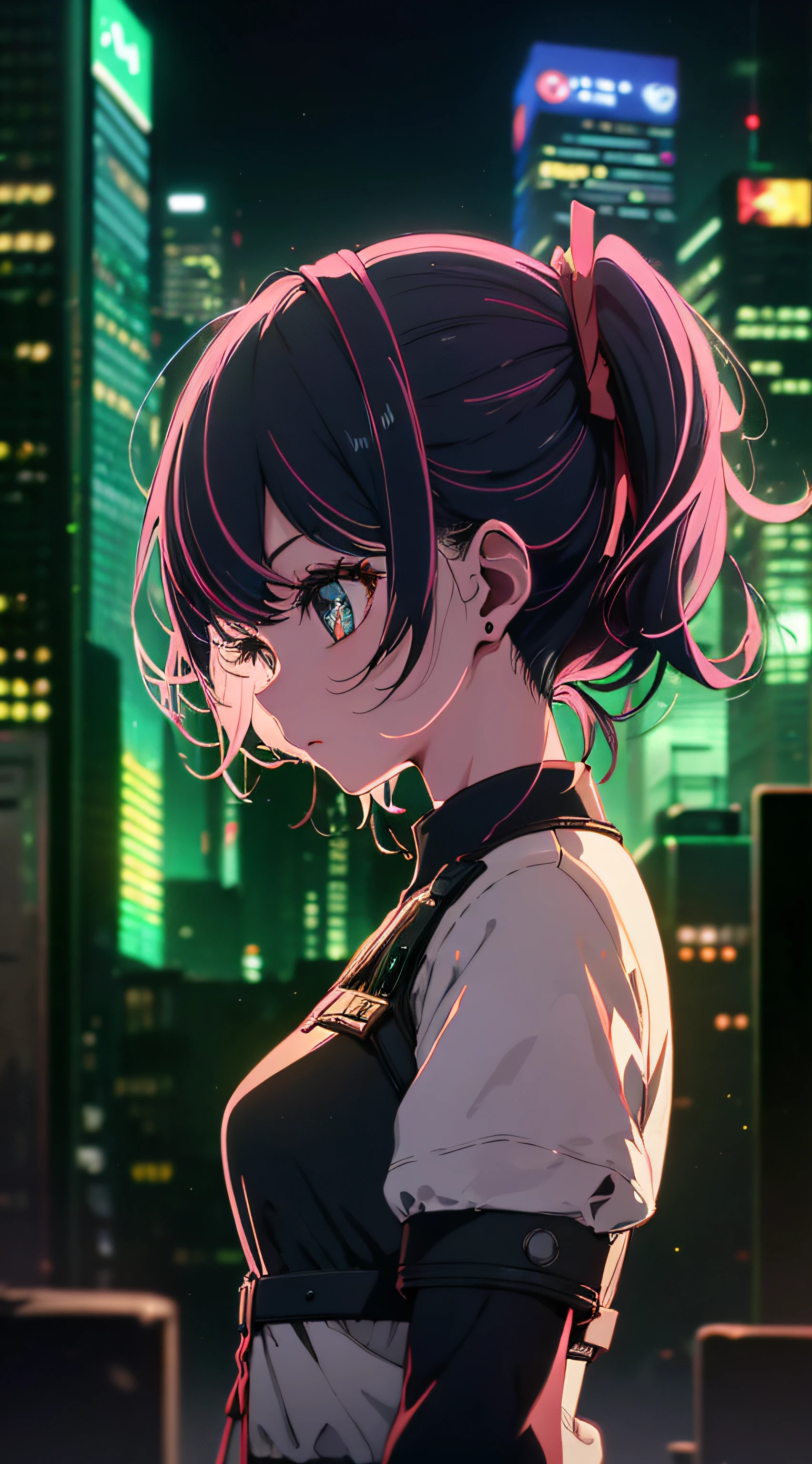Night city、Colorful cyberpunk city background、street、Girl in her 20s in a comfortable suit、kawaii girl、Wild Girl、Black shorts、backlit、Watch the audience、Low Angle Lens、looking up lens、Perfect composition、Perfect light and shadow delicacy、8k