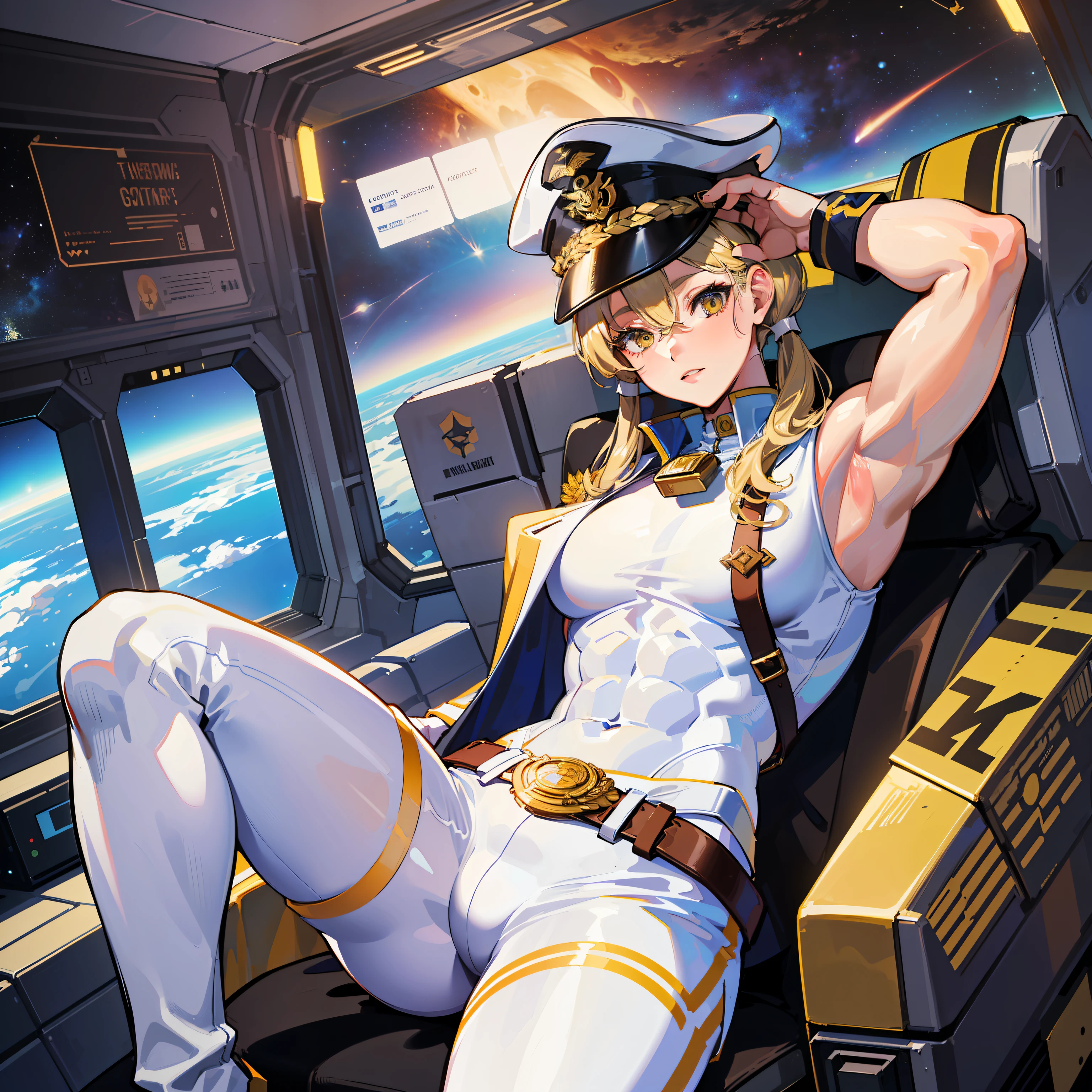 ((Masterpiece)), ((Highest Image Quality)), (((Best Quality)), (Illustration of One Girl), Full Body, 25 Years Old, (Neutral)), ((Blonde Twin Tails)), Light Golden Eyes, (Tall)), (Muscular Strong Body)), ((Muscular and Thick Body)), ((Muscular and Thick Arms)), ((Muscular and Thick Legs)), (Manspreading)), Open Legs, (((Army Uniform)), (Army Hat)), (((Army Coat)), (white clothes), (white pants), (white hat), trench coat, ((inside the spaceship, sitting in the captain's seat)), (outside the window, space, Earth seen from space, spaceport)