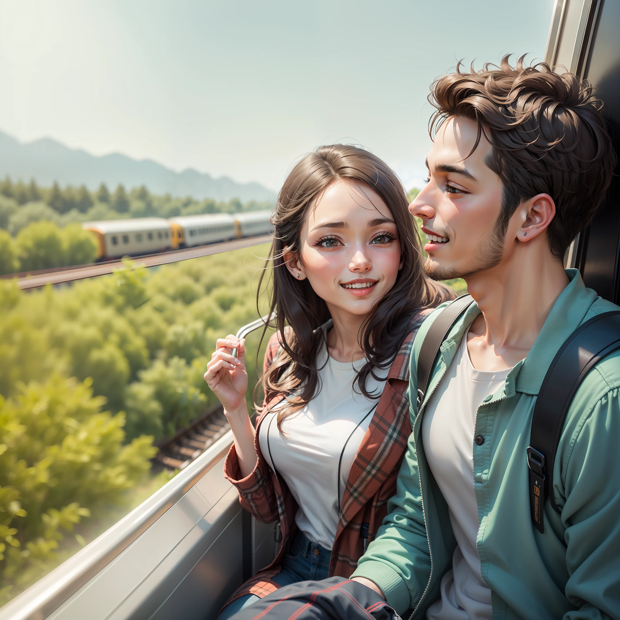 Cute couple stands at train door , clear hd face, happy, beautiful weather , greenery, train running from forest route.