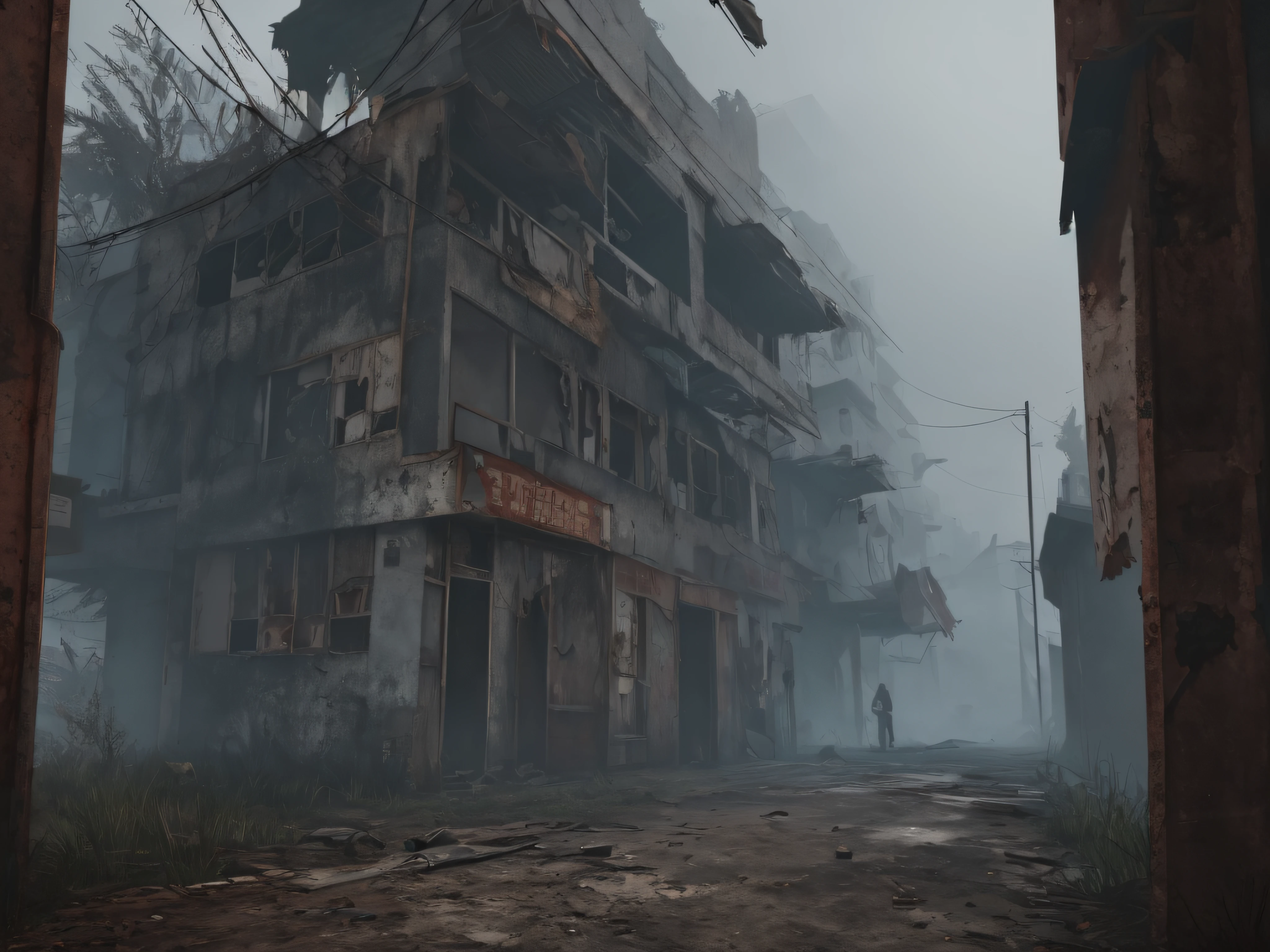 Horror, dilapidated buildings, Rusty Machines, boarded-up windows, a lot of zombies in the style of Silent Hill, high detial, daytime, mist, A lot of rust