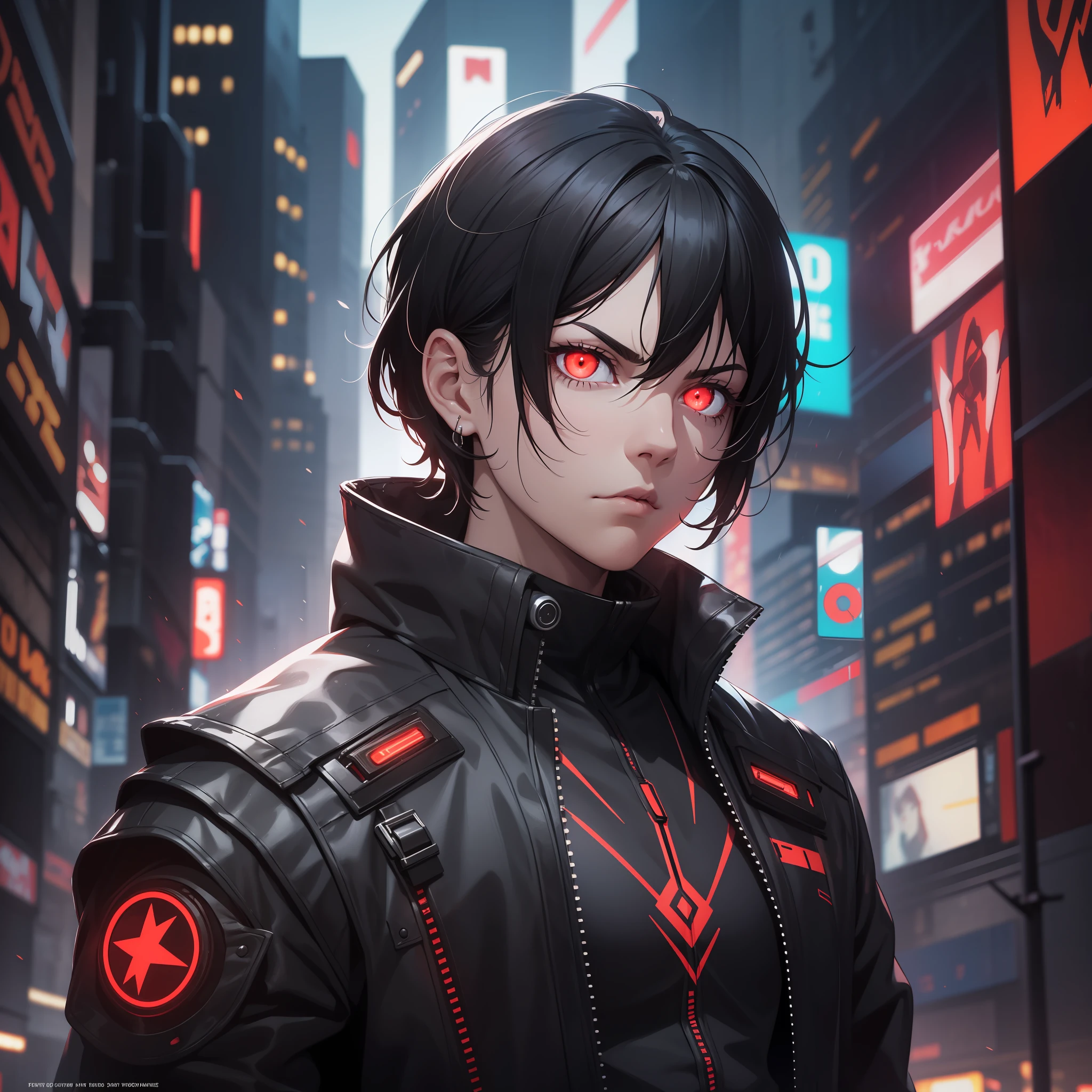 Man, Young, Medium Black Hair, Red Glowing Eyes, Cyberpunk, Cyberpunk Background, Serious, Cold, Gloomy, Fringe, Chest Up, Looking Directly at Camera, Intimidating, powerful, 4k, good quality