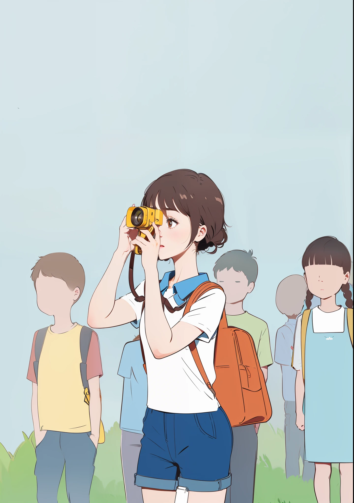 A brown-haired girl in the playground, wearing a white blouse with a blue collar, denim shorts, carrying a red school bag, holding a yellow camera in her hand, and a lot of students behind her
