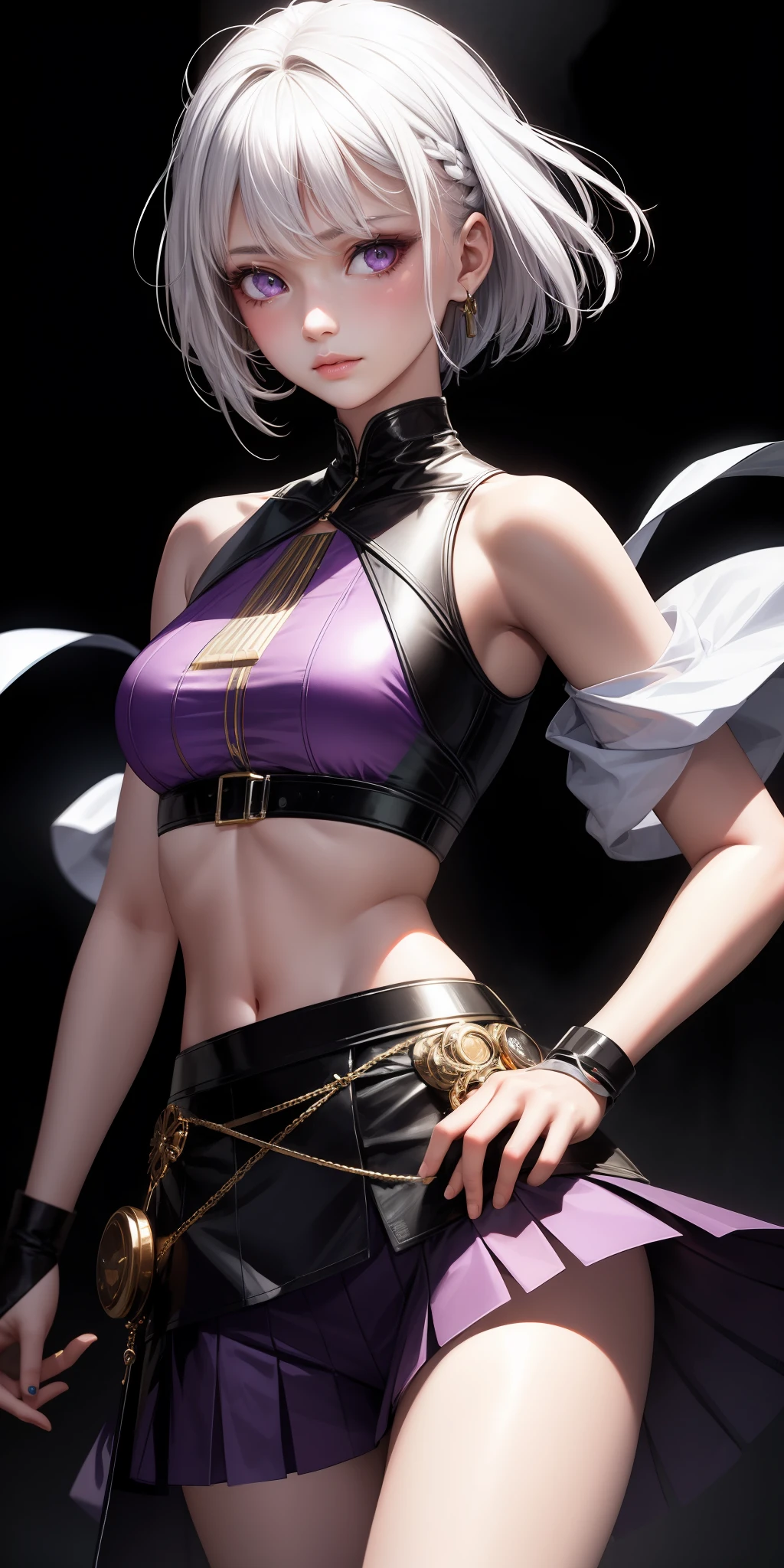 Realistic, 1girl, white hair, purple eyes, glowing eyes, cropped top, skirt,